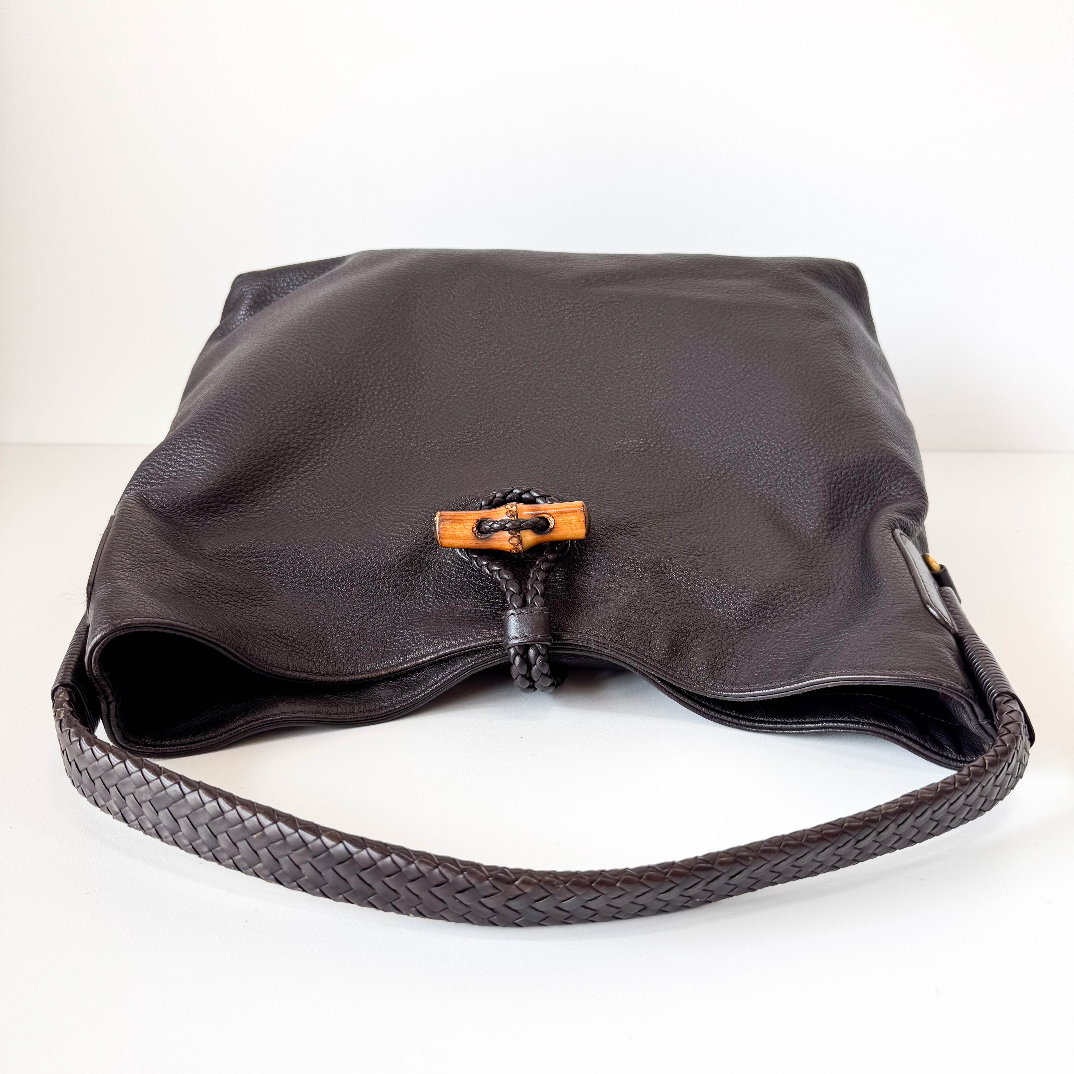 Brown Leather Bamboo Tote Bag