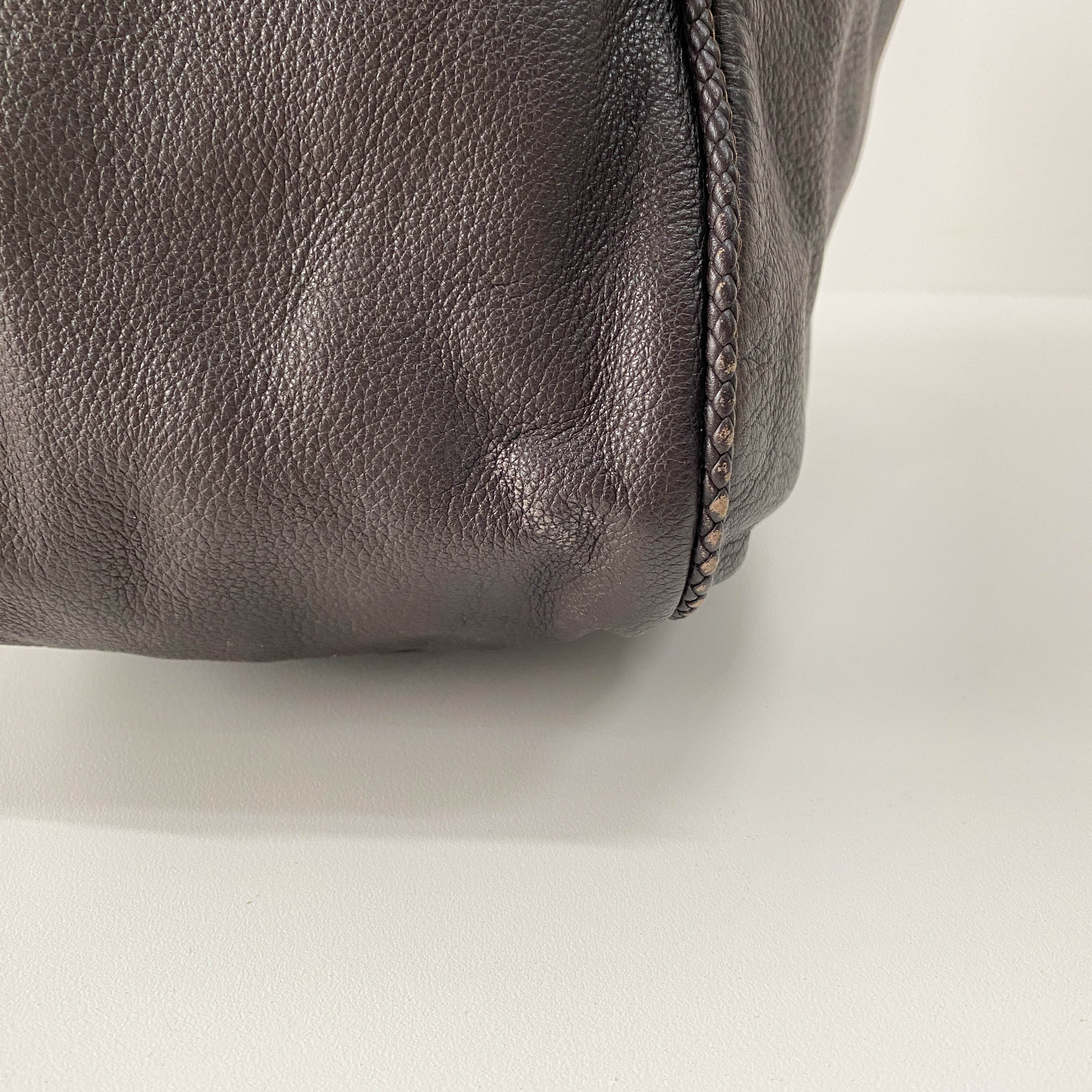 Dark Brown Grained Calfskin Leather Tote Bag