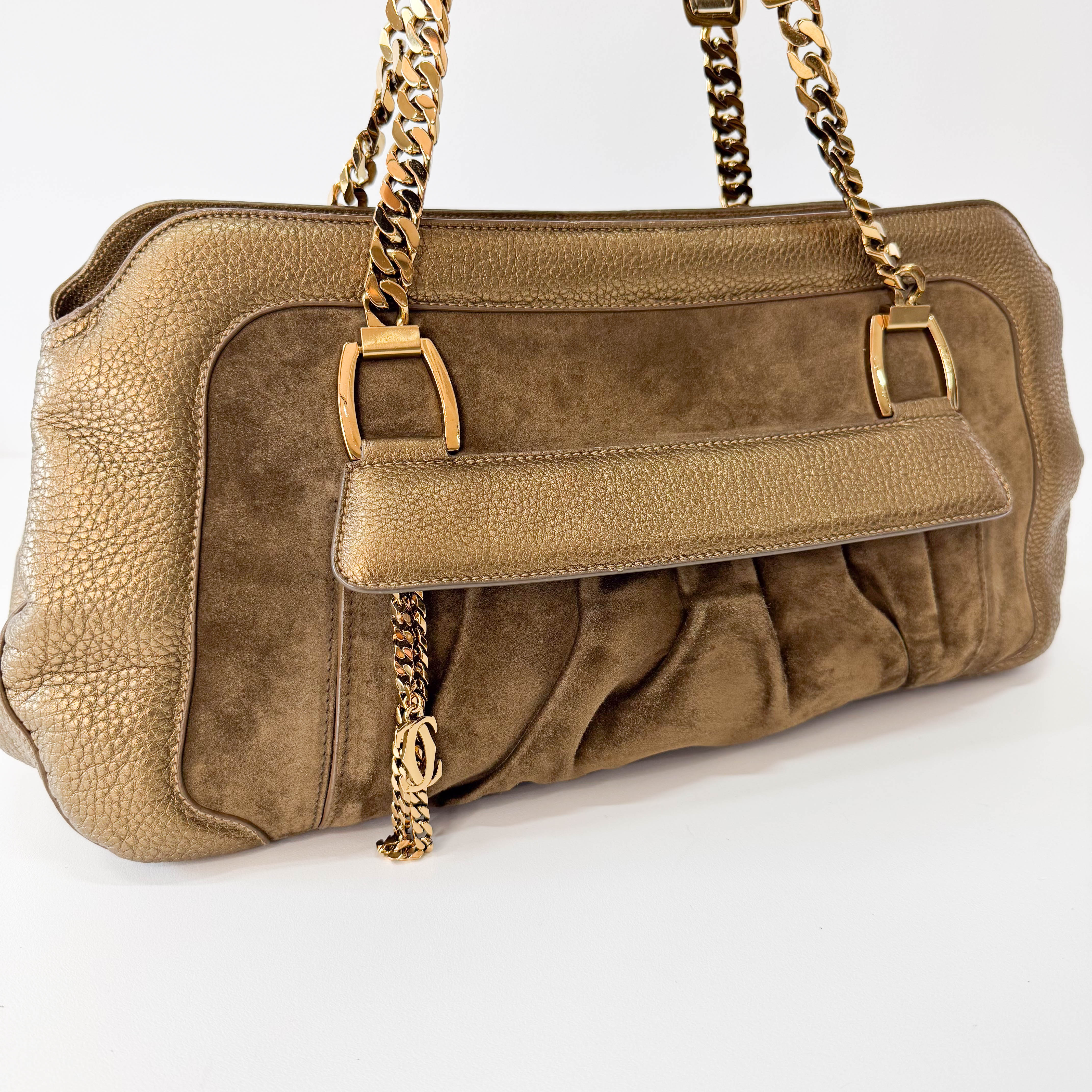Gold Leather & Brown Suede Shoulder Bag