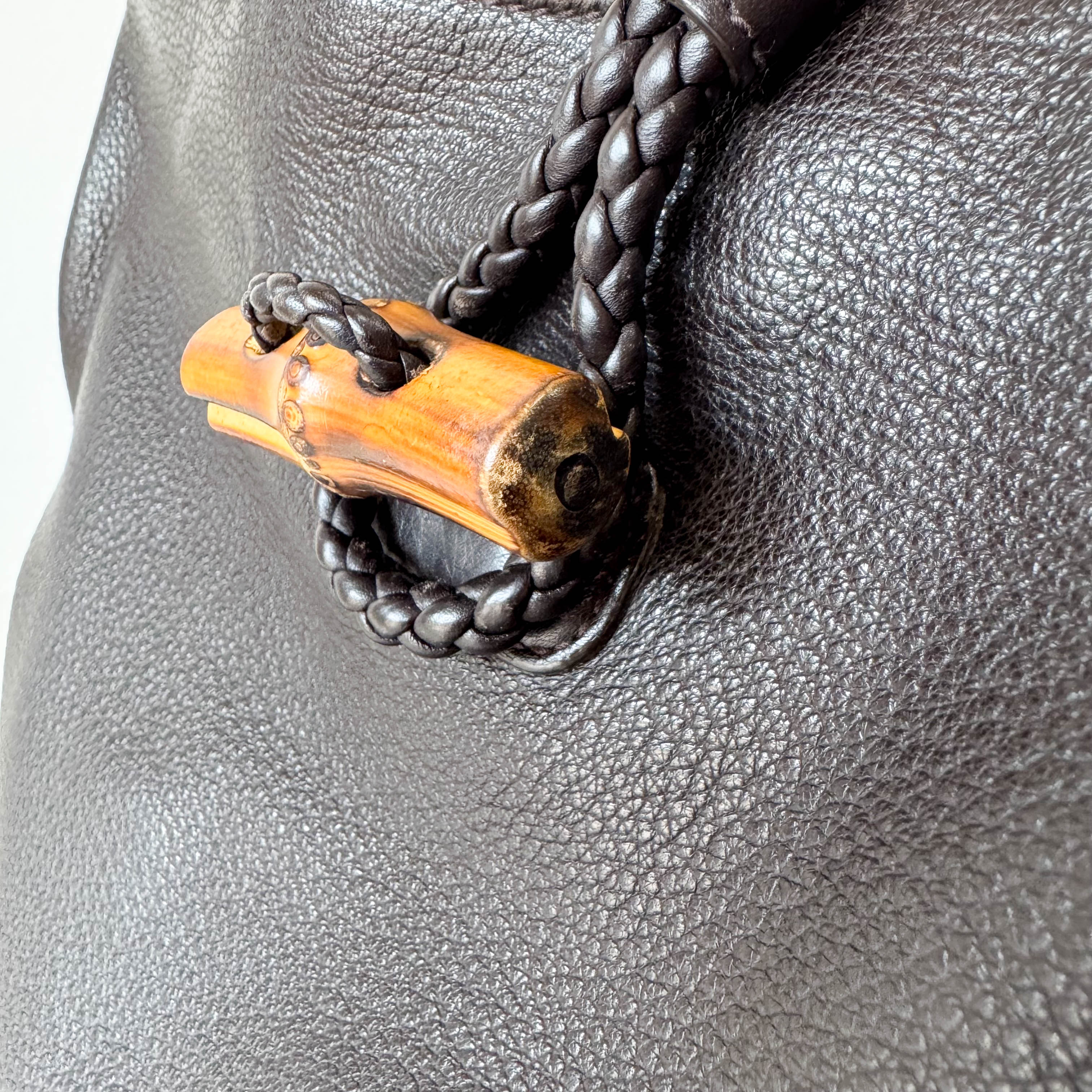 Brown Leather Bamboo Tote Bag