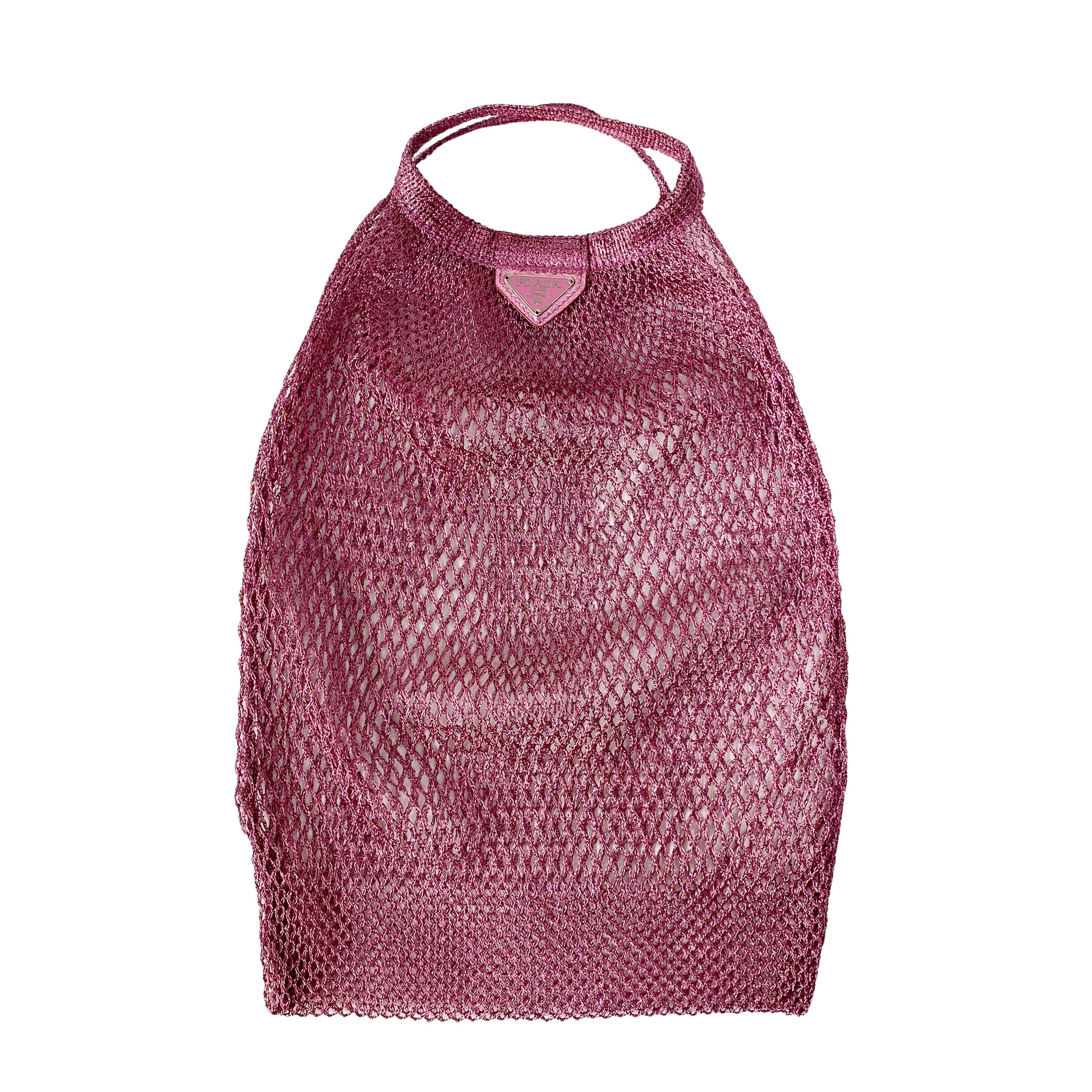 Metallic Pink Mesh Handbag with Logo Plate