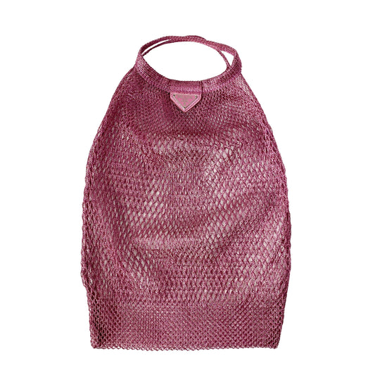 Metallic Pink Mesh Handbag with Logo Plate