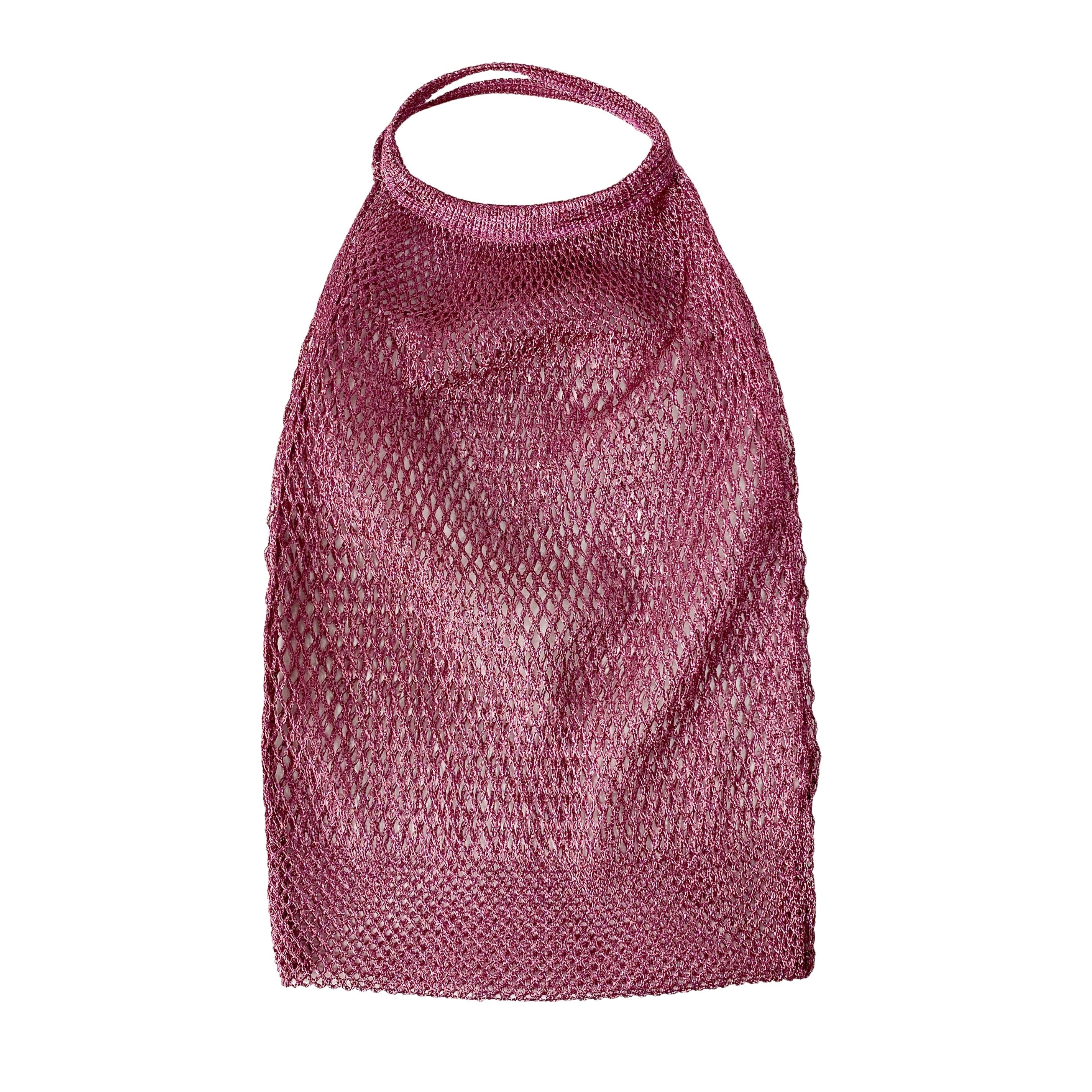 Metallic Pink Mesh Handbag with Logo Plate