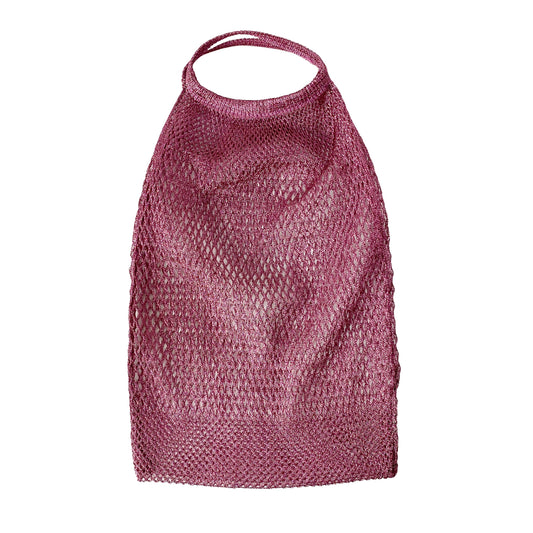 Metallic Pink Mesh Handbag with Logo Plate