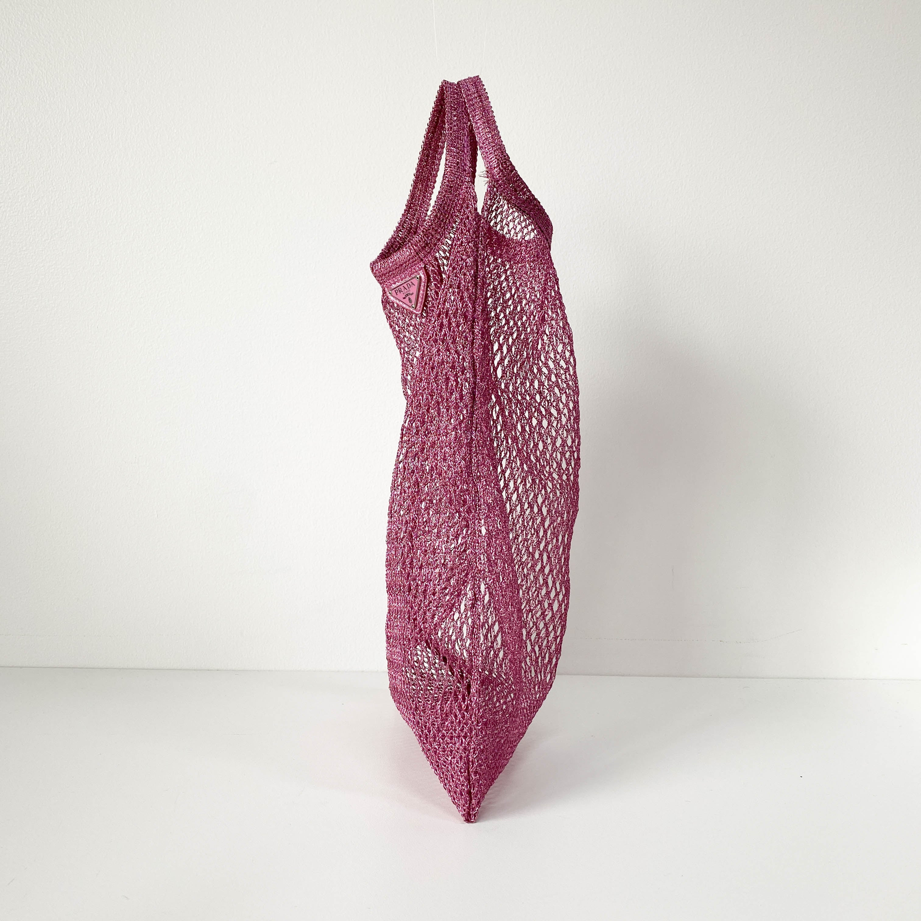 Metallic Pink Mesh Handbag with Logo Plate