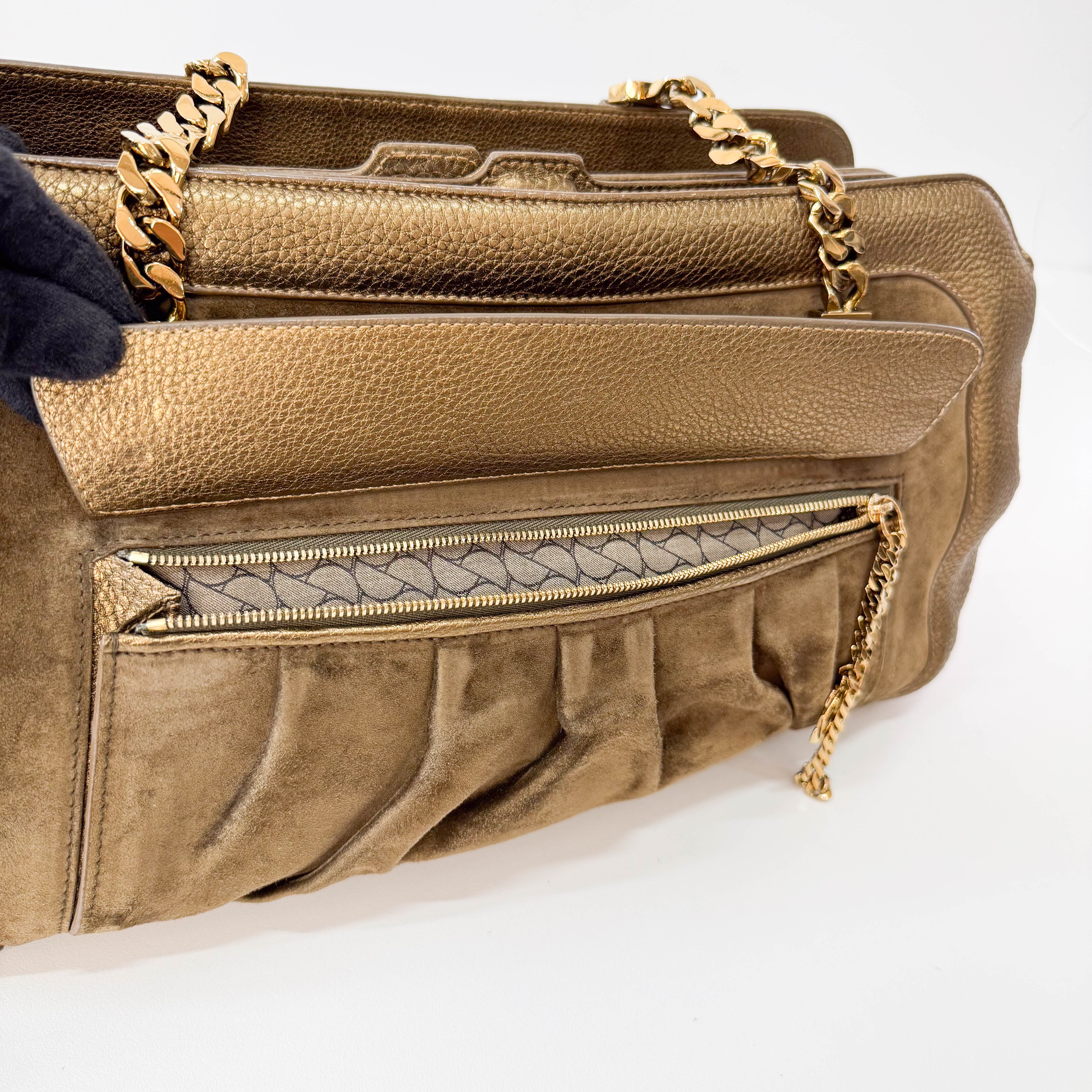 Gold Leather & Brown Suede Shoulder Bag