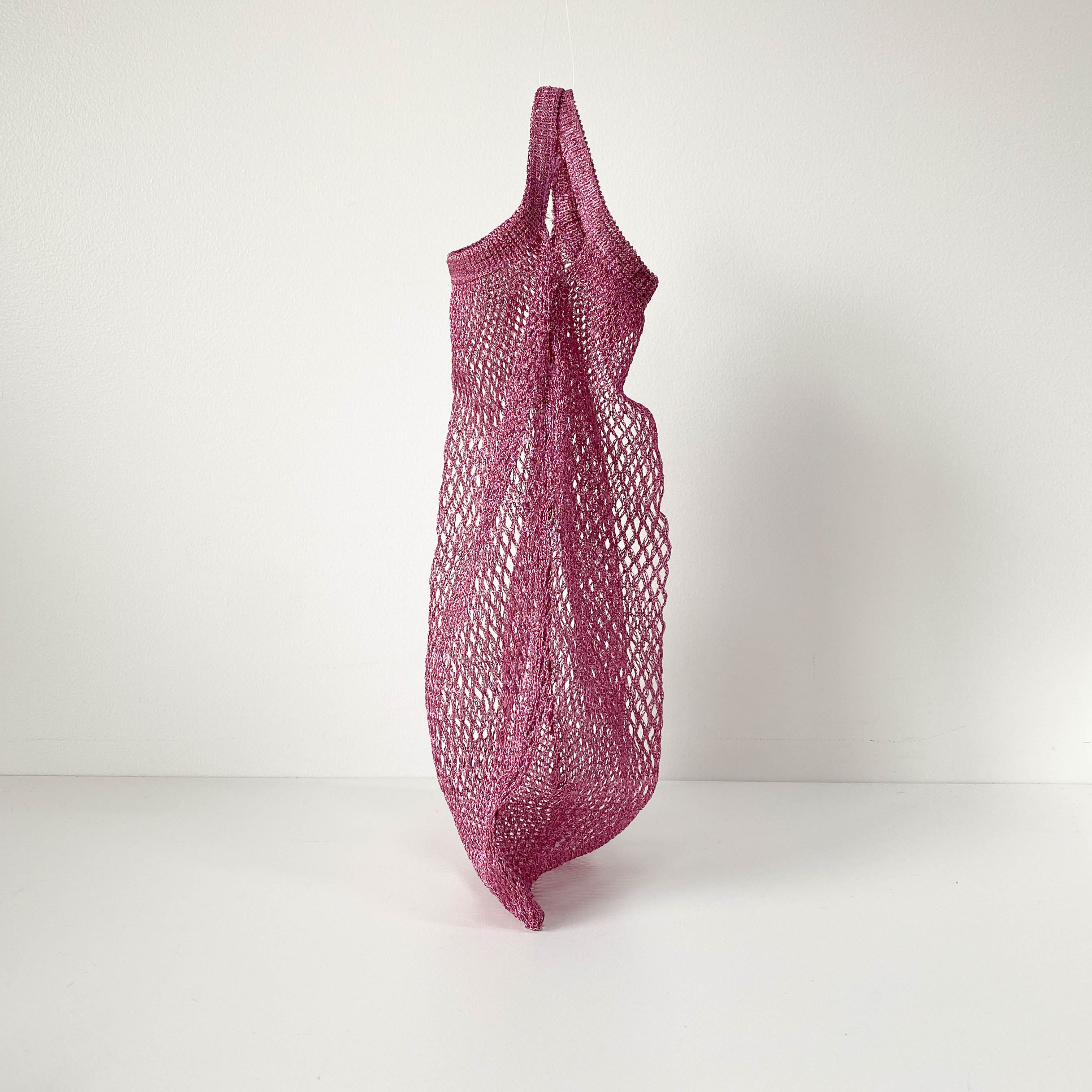 Metallic Pink Mesh Handbag with Logo Plate