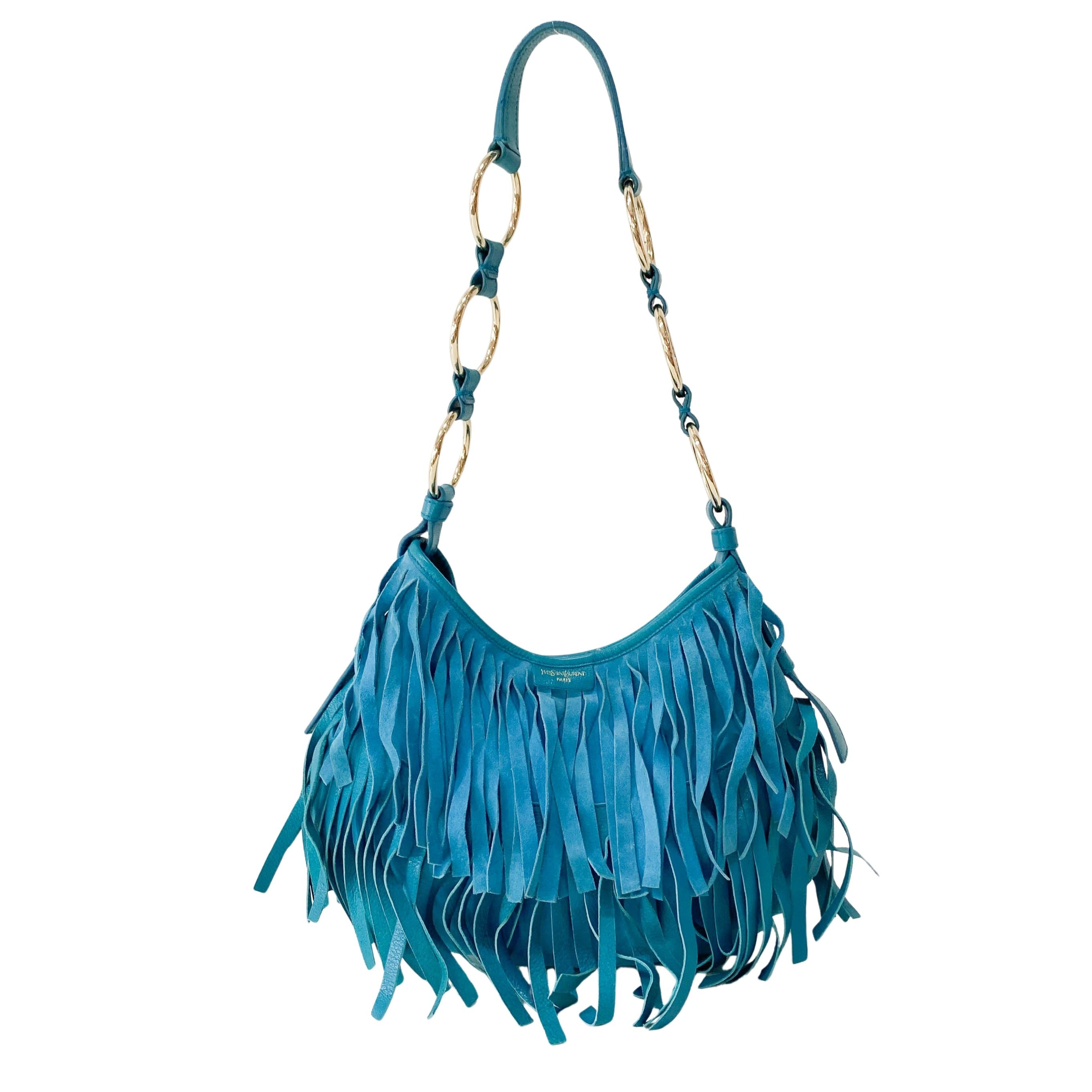 Rive Gauche Blue Fringe Leather Shoulder Bag