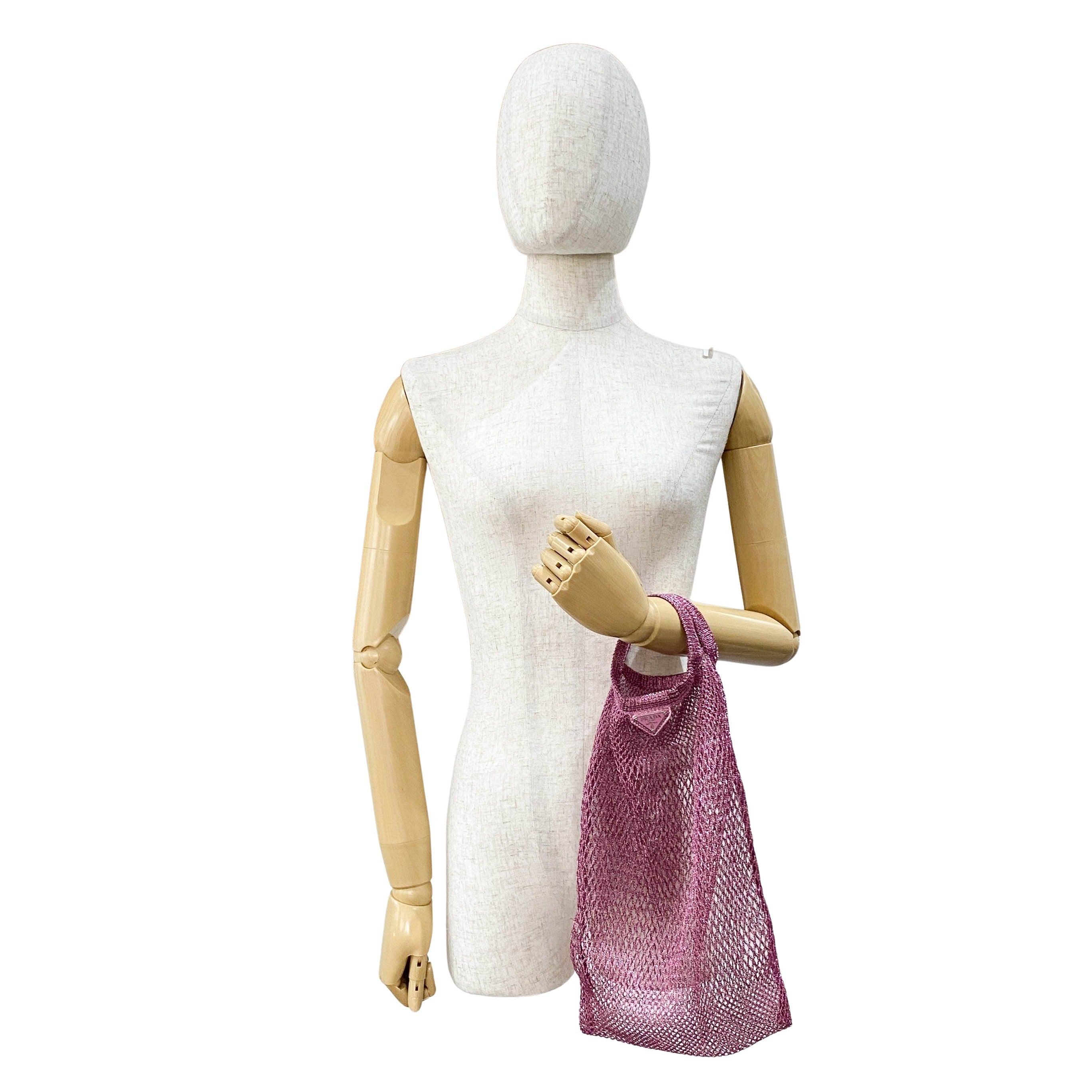 Metallic Pink Mesh Handbag with Logo Plate