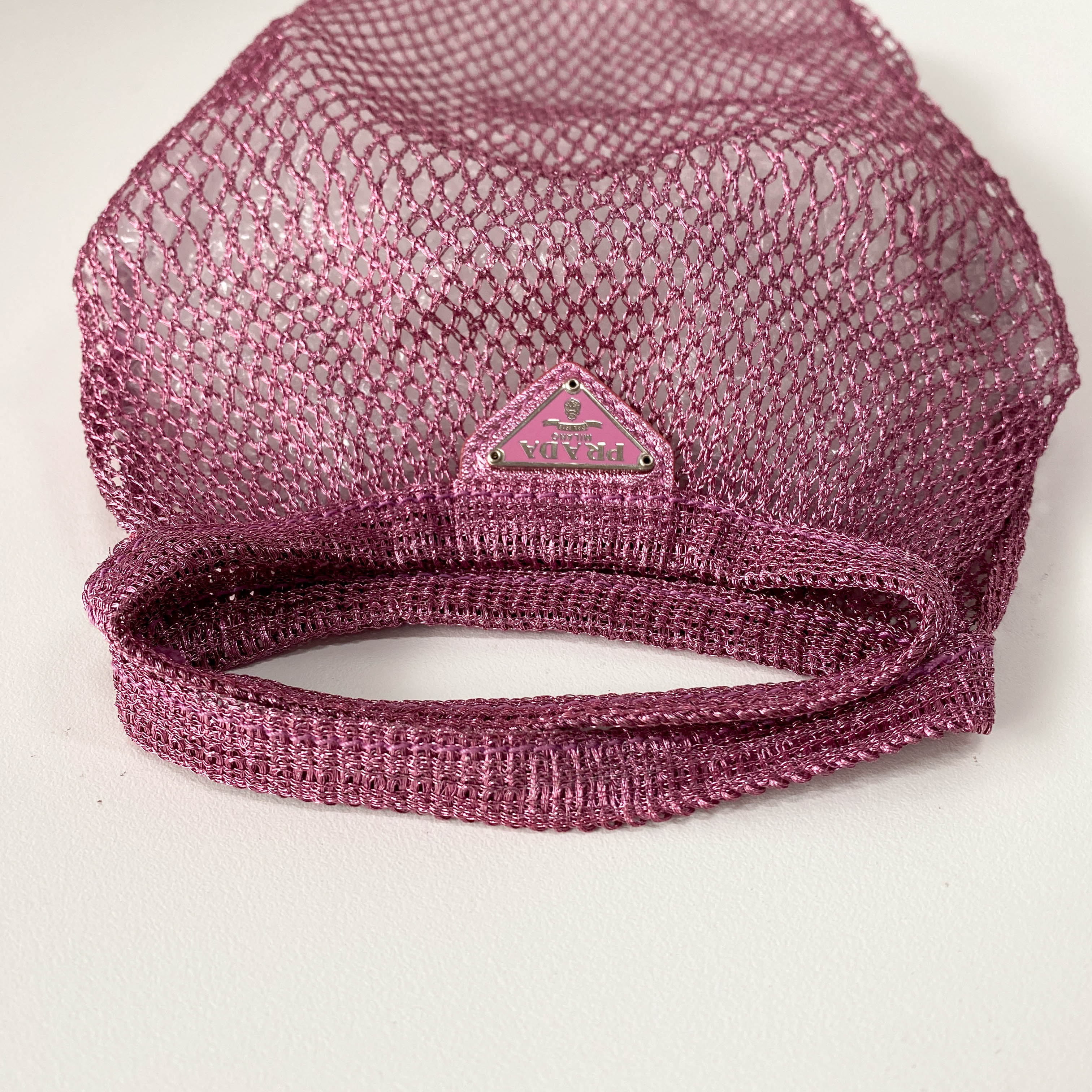 Metallic Pink Mesh Handbag with Logo Plate
