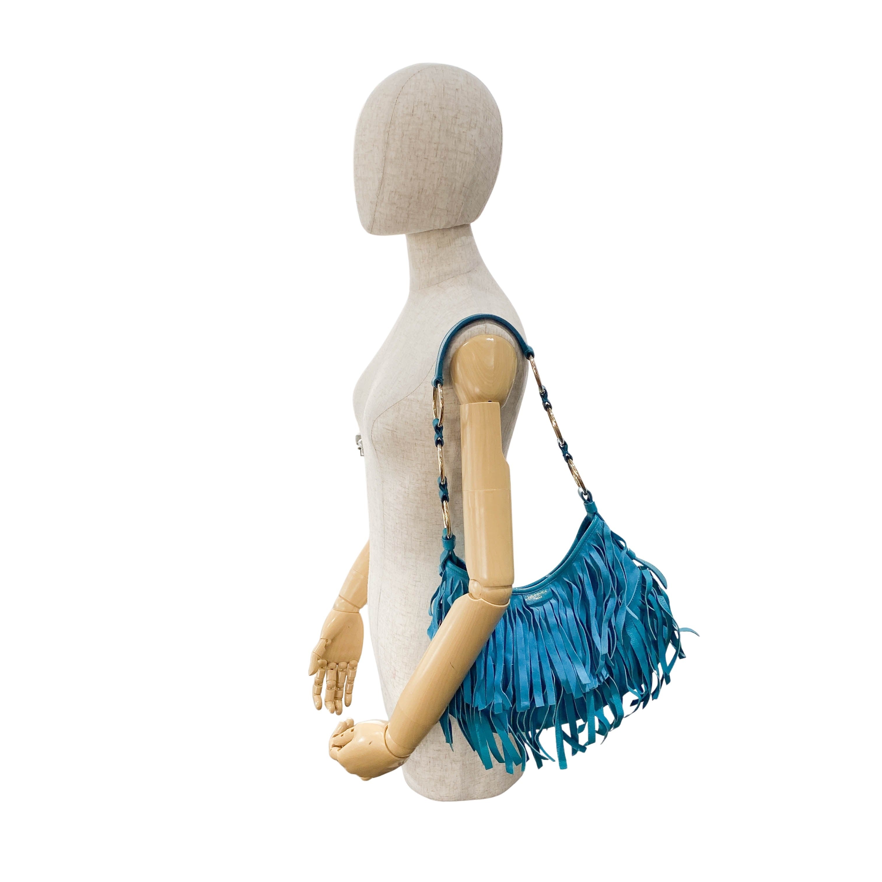 Rive Gauche Blue Fringe Leather Shoulder Bag