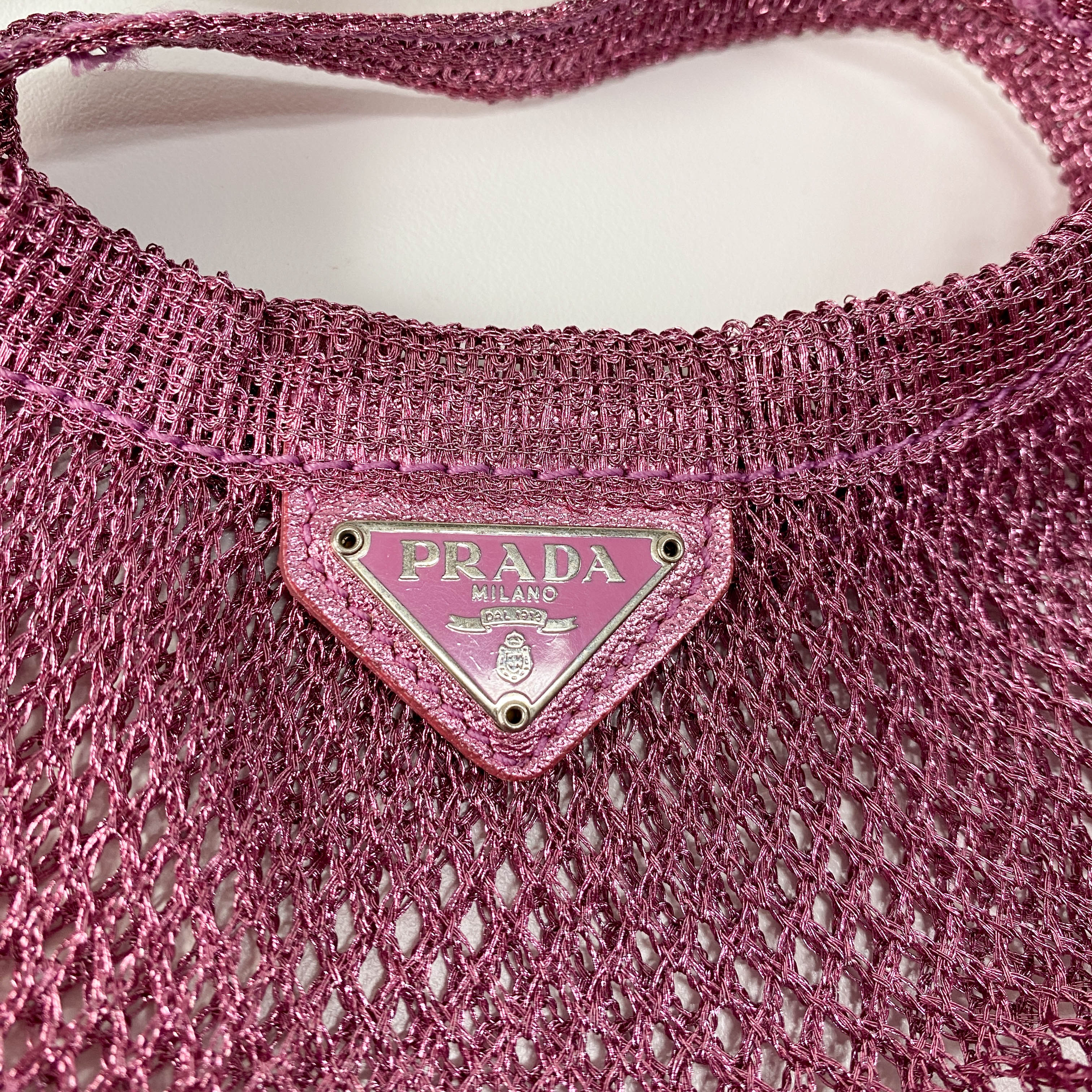 Metallic Pink Mesh Handbag with Logo Plate