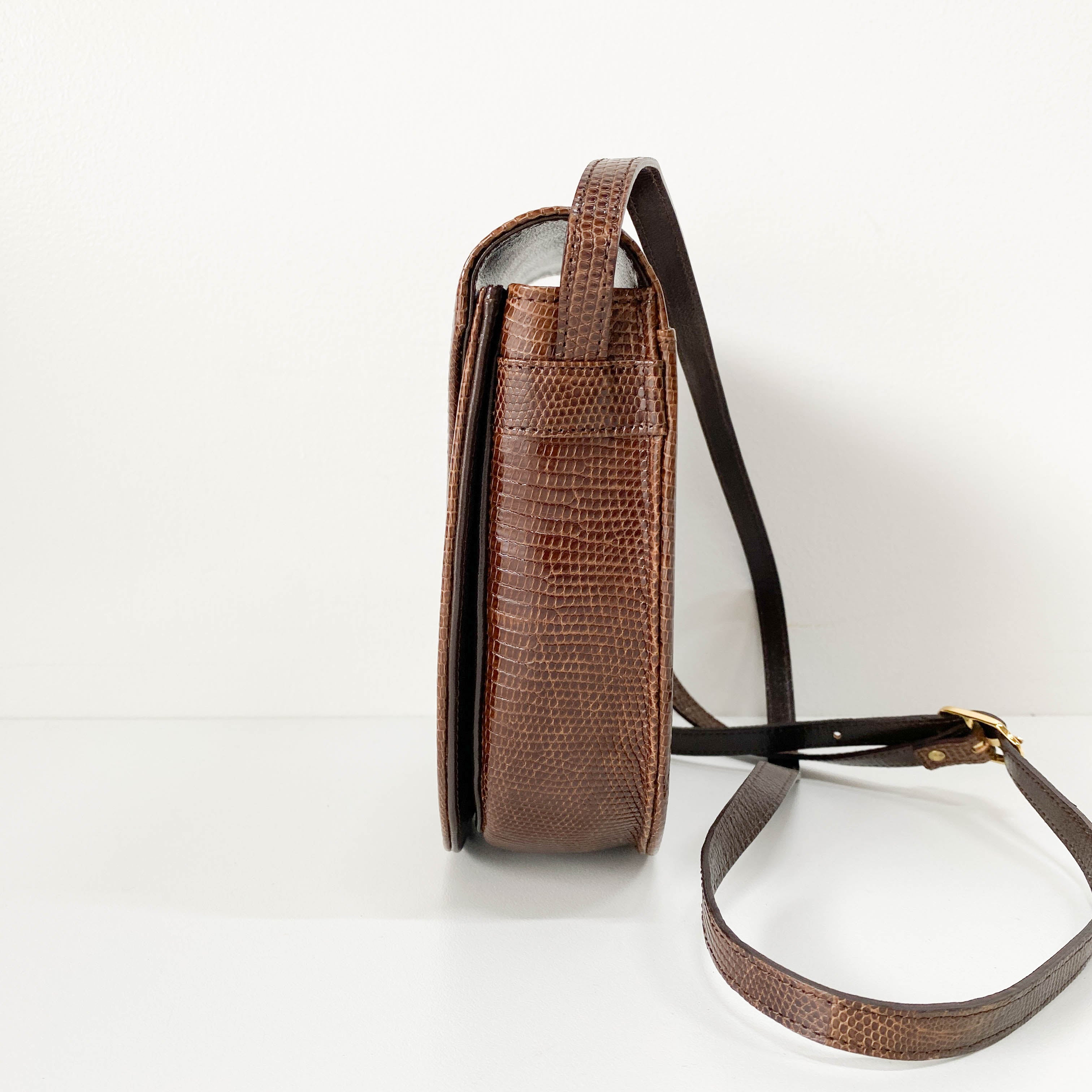 Brown Lizard Embossed Leather Crossbody Bag
