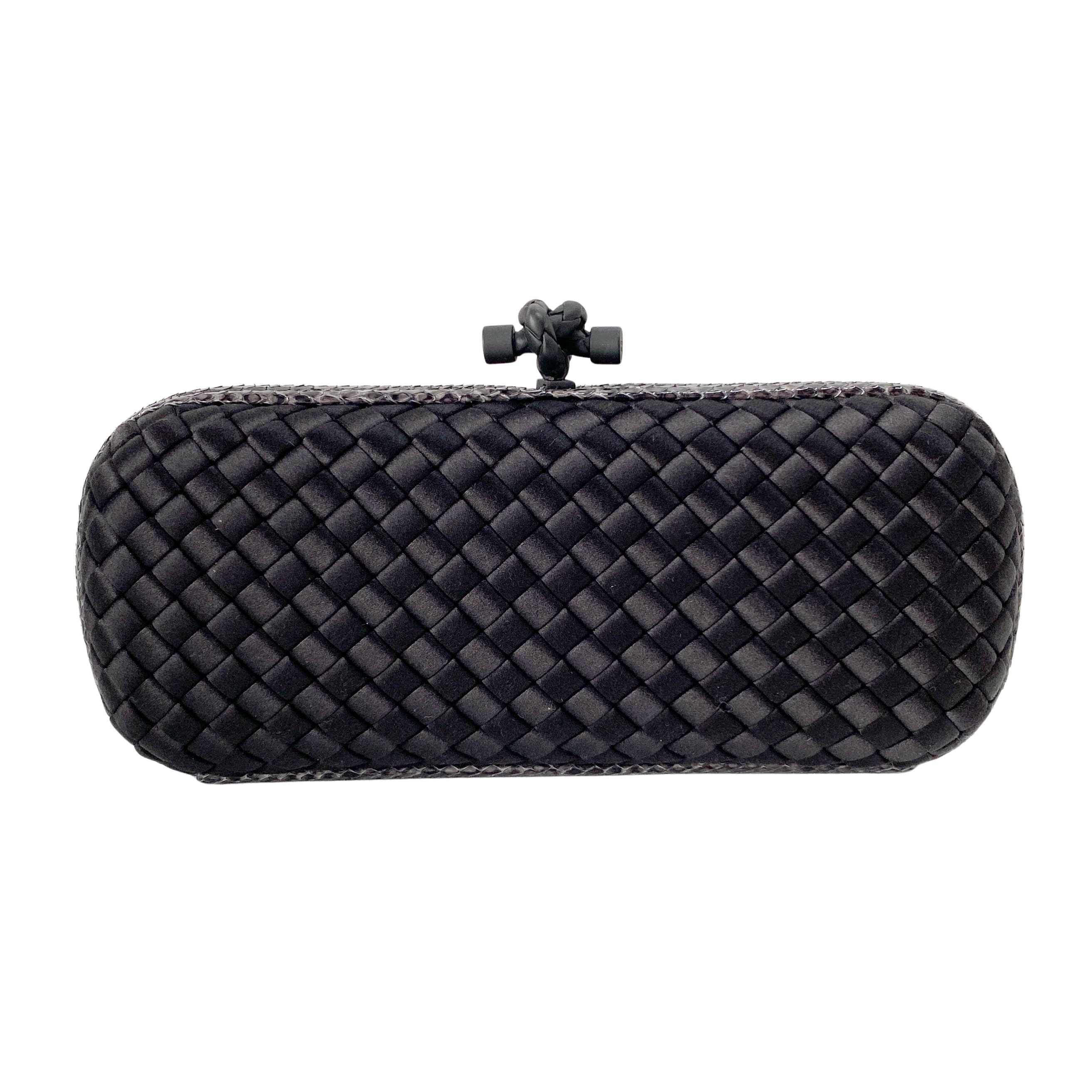 Knot Intrecciato Black Satin & Lizard Embossed Leather Clutch Bag