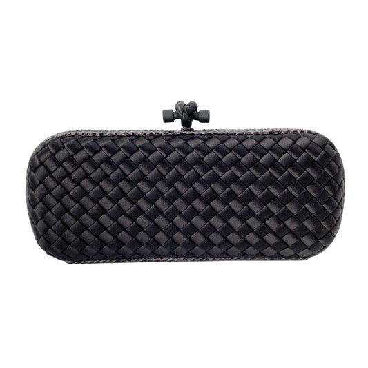Knot Intrecciato Black Satin & Lizard Embossed Leather Clutch Bag