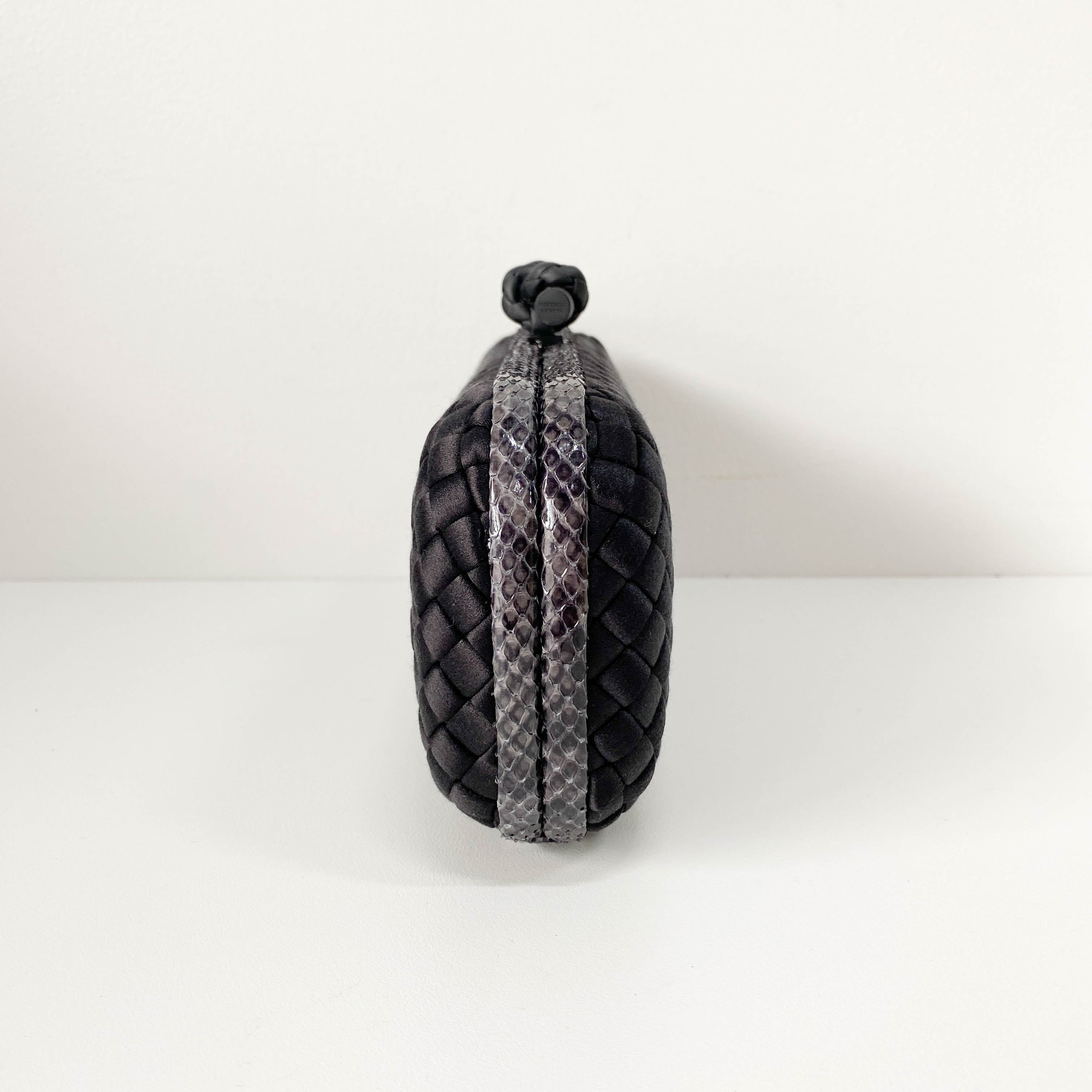 Knot Intrecciato Black Satin & Lizard Embossed Leather Clutch Bag