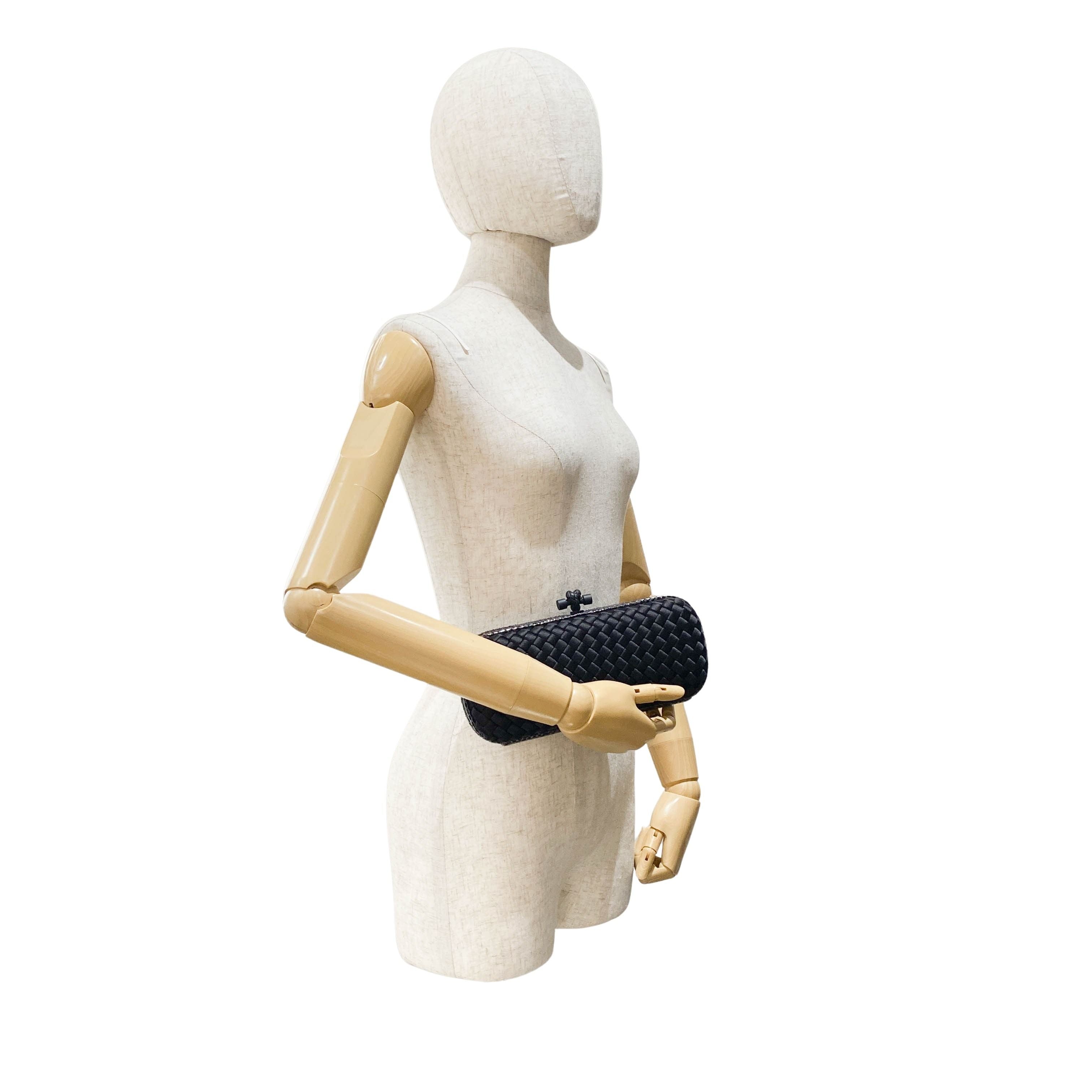 Knot Intrecciato Black Satin & Lizard Embossed Leather Clutch Bag