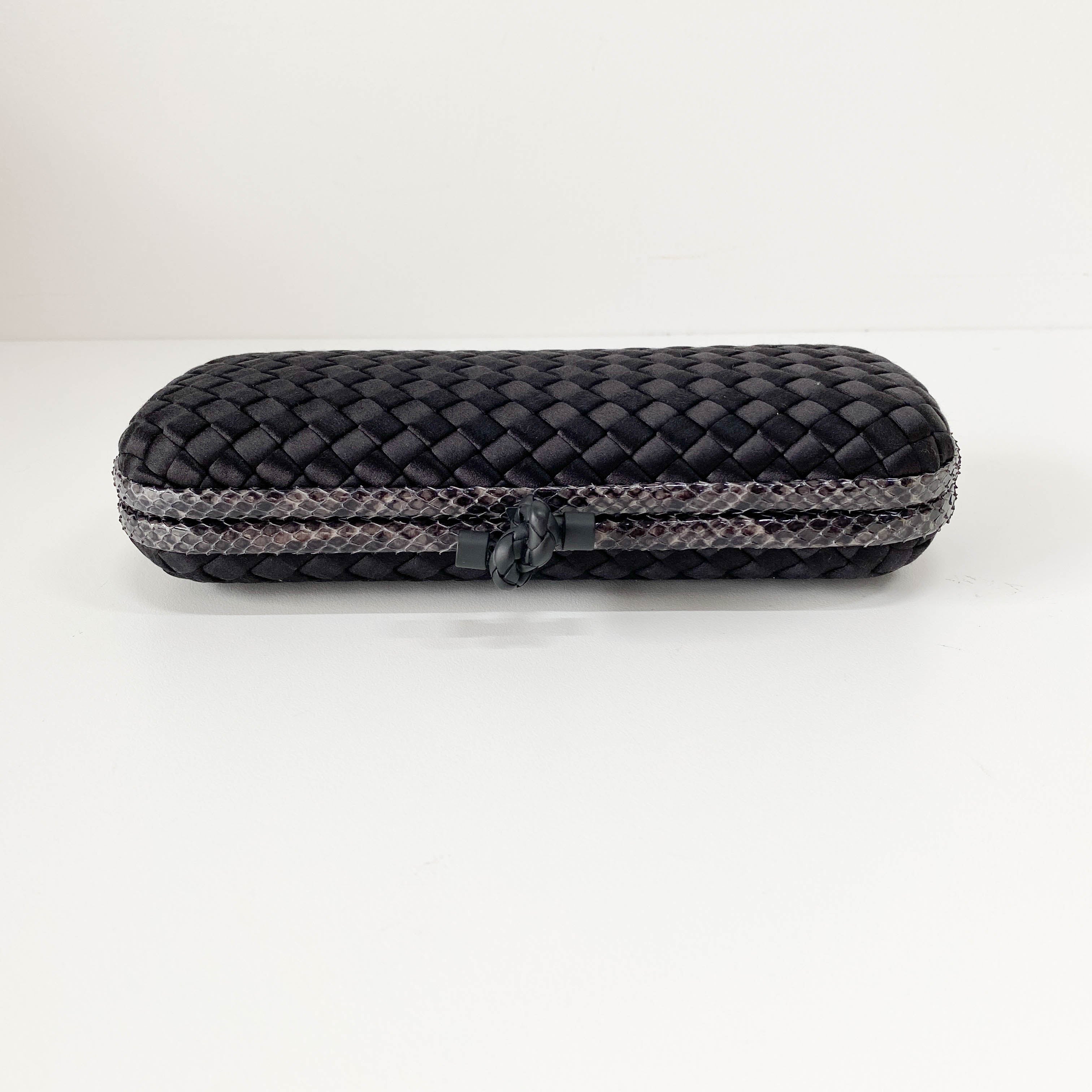 Knot Intrecciato Black Satin & Lizard Embossed Leather Clutch Bag