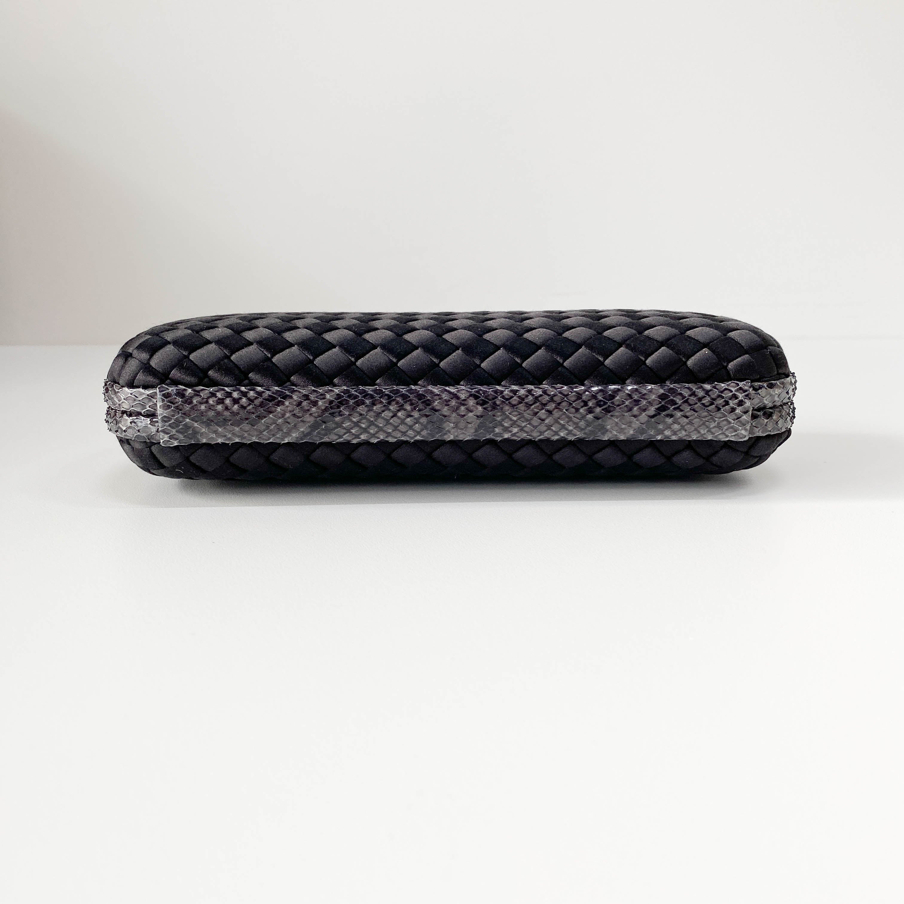 Knot Intrecciato Black Satin & Lizard Embossed Leather Clutch Bag