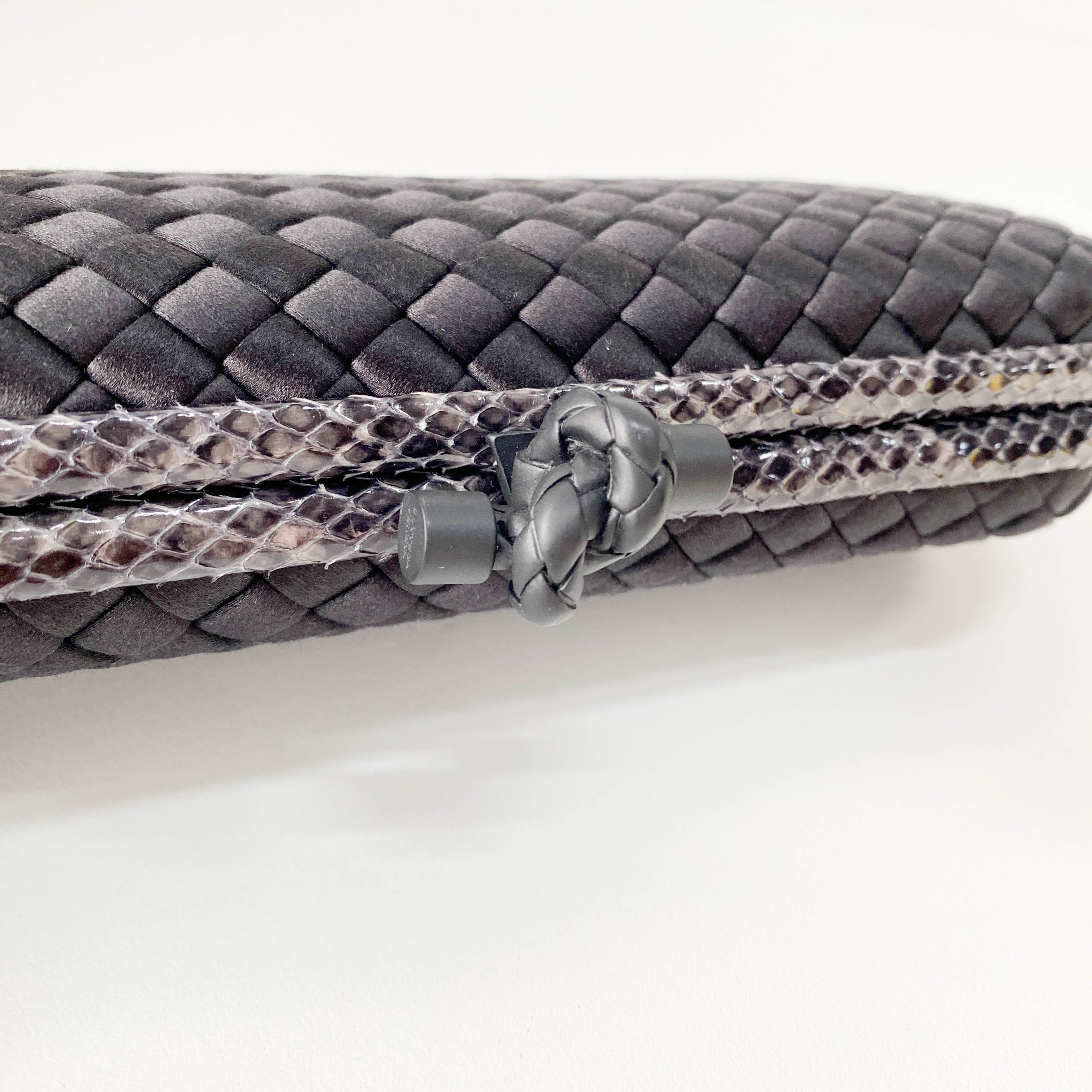 Knot Intrecciato Black Satin & Lizard Embossed Leather Clutch Bag
