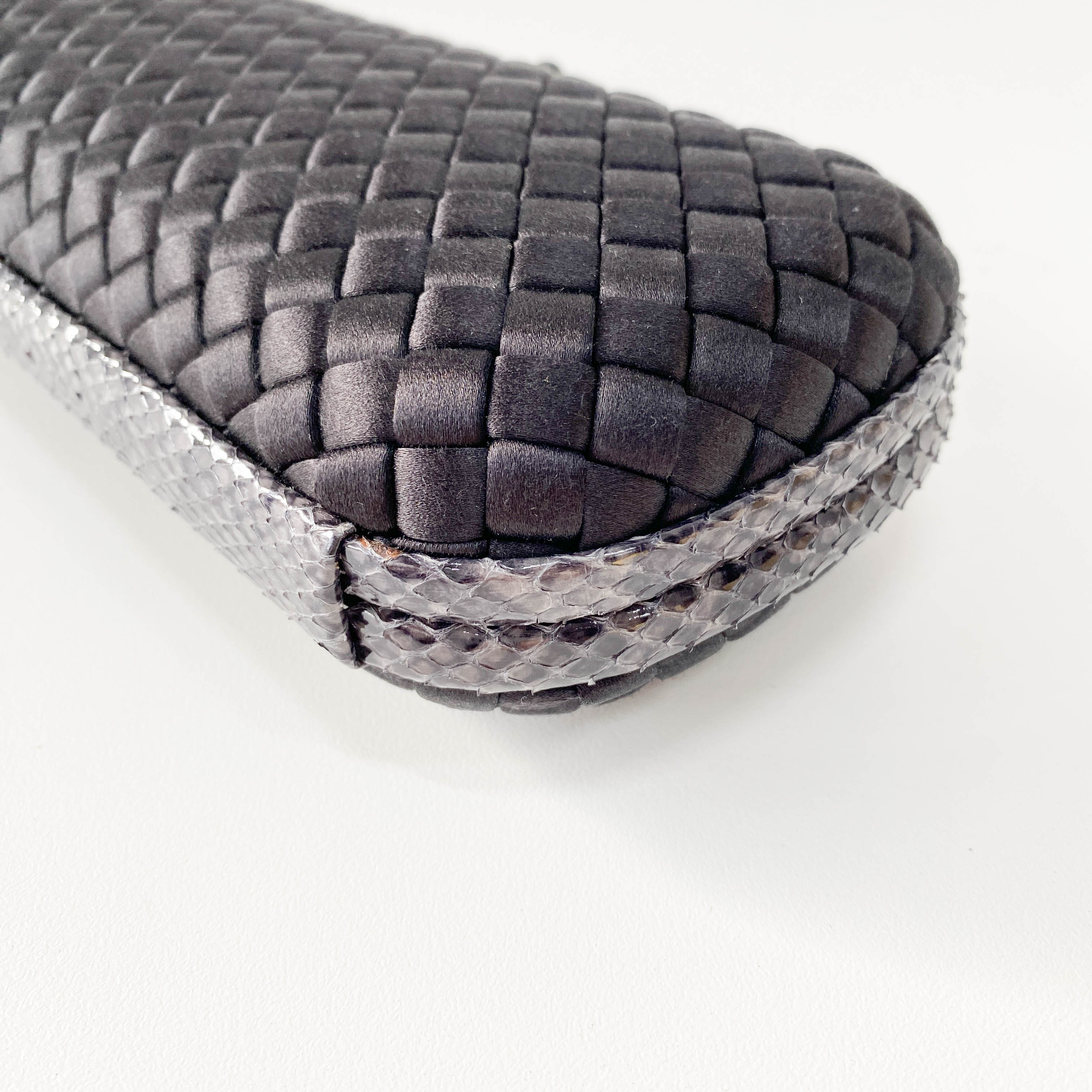 Knot Intrecciato Black Satin & Lizard Embossed Leather Clutch Bag