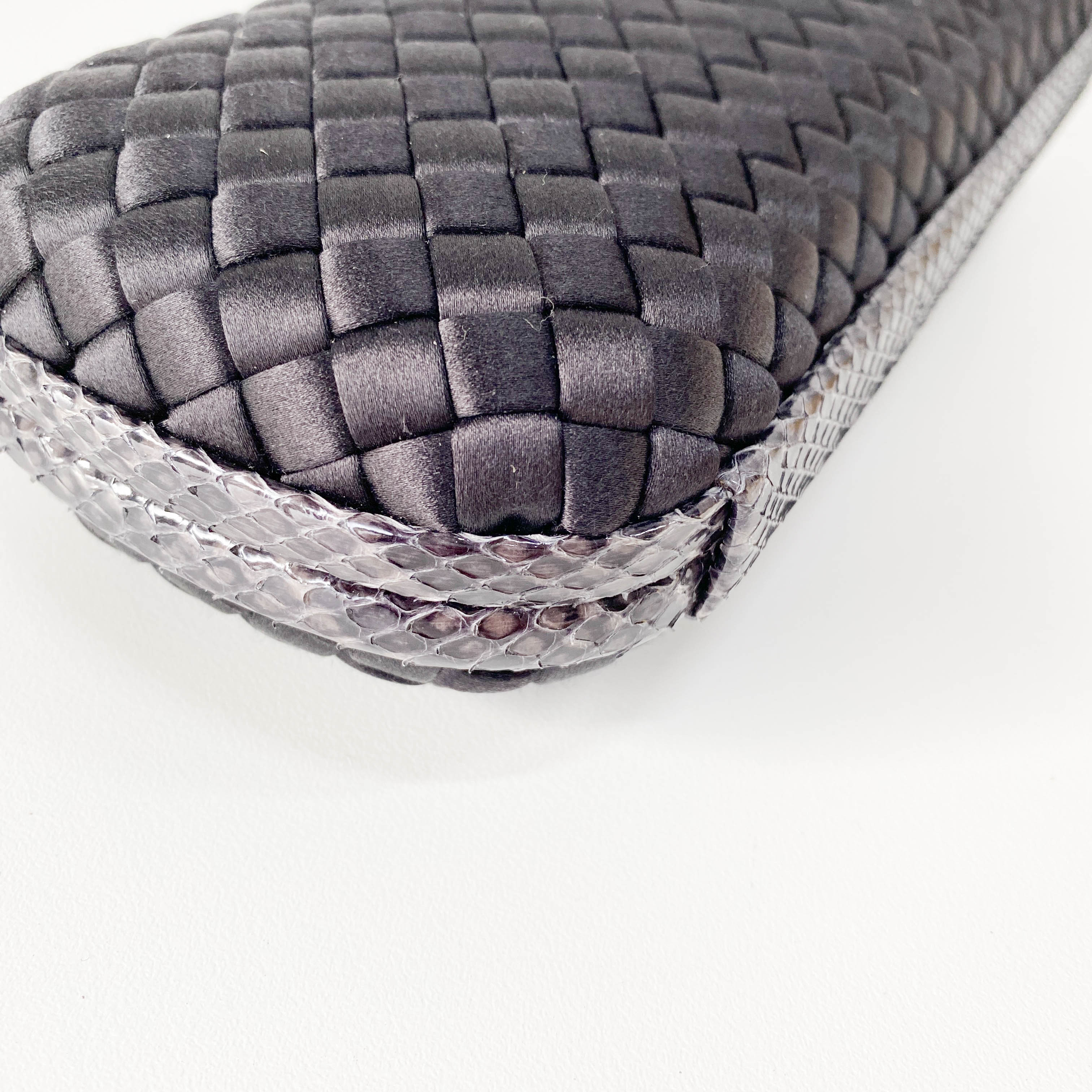 Knot Intrecciato Black Satin & Lizard Embossed Leather Clutch Bag