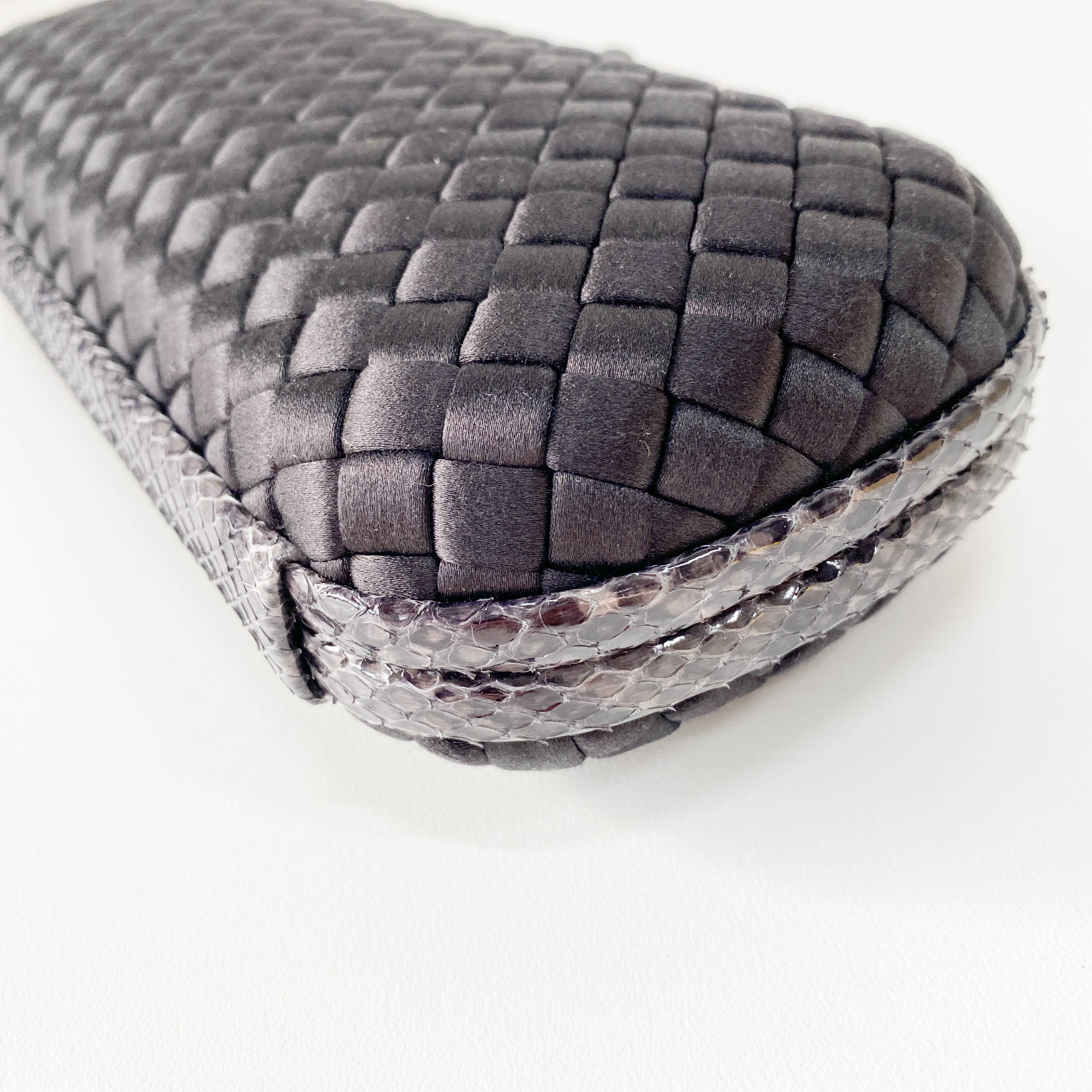 Knot Intrecciato Black Satin & Lizard Embossed Leather Clutch Bag