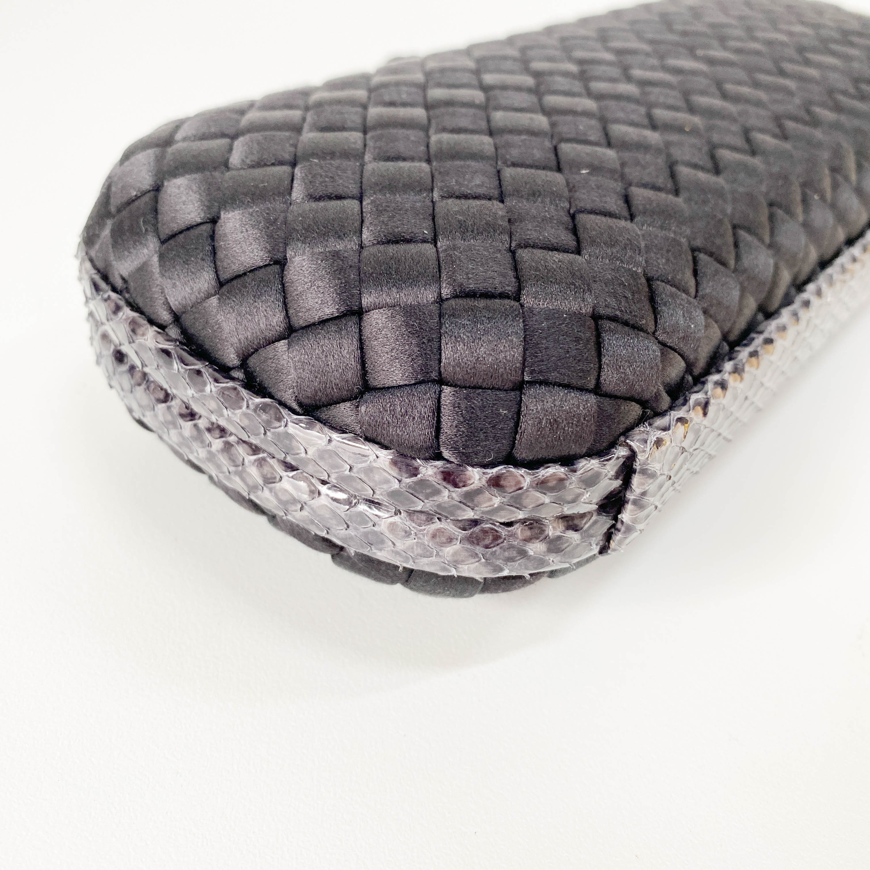 Knot Intrecciato Black Satin & Lizard Embossed Leather Clutch Bag