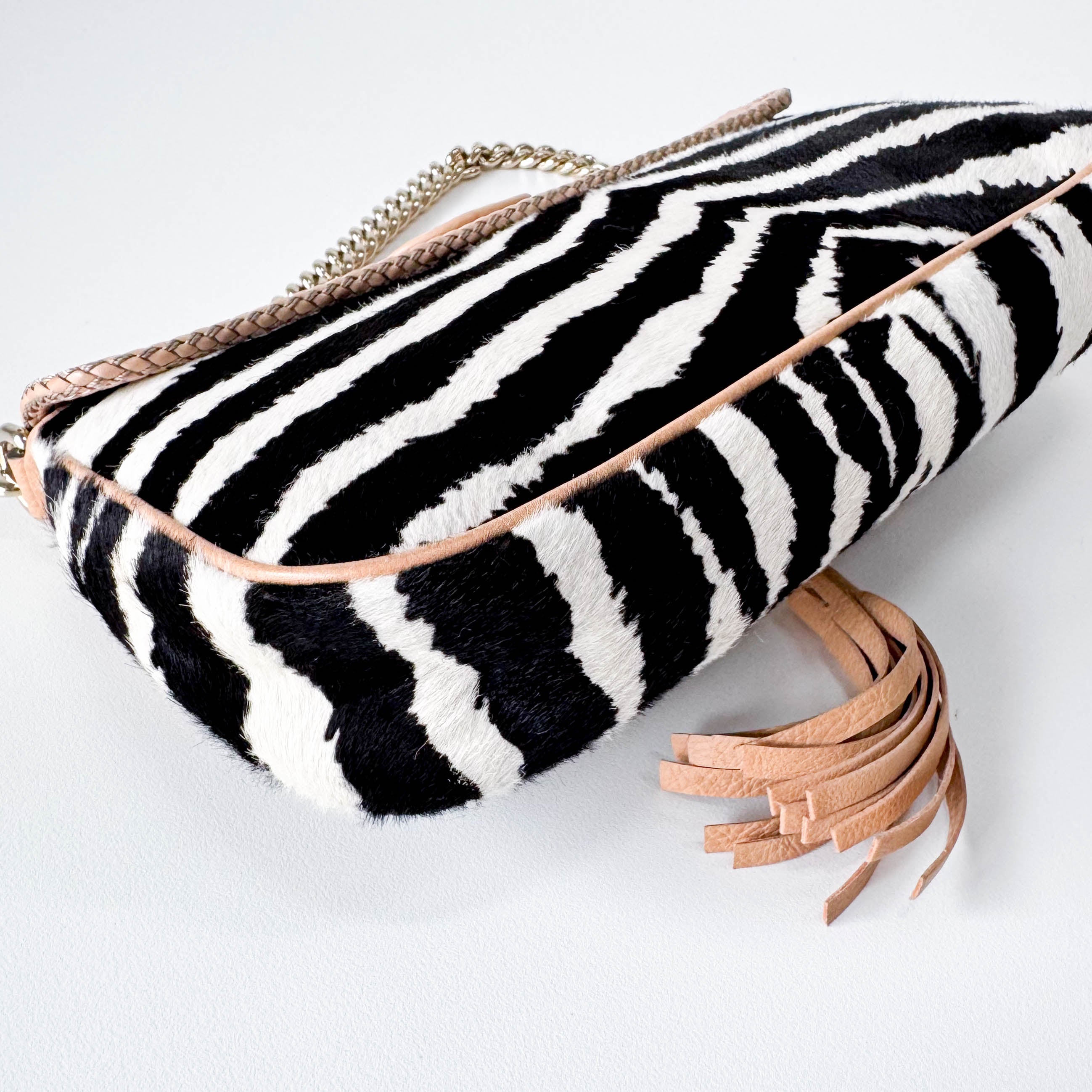 Marrakech Zebra Print Pony Hair with Caramel Leather Flap and Tassels Gold Chain Shoulder Bag