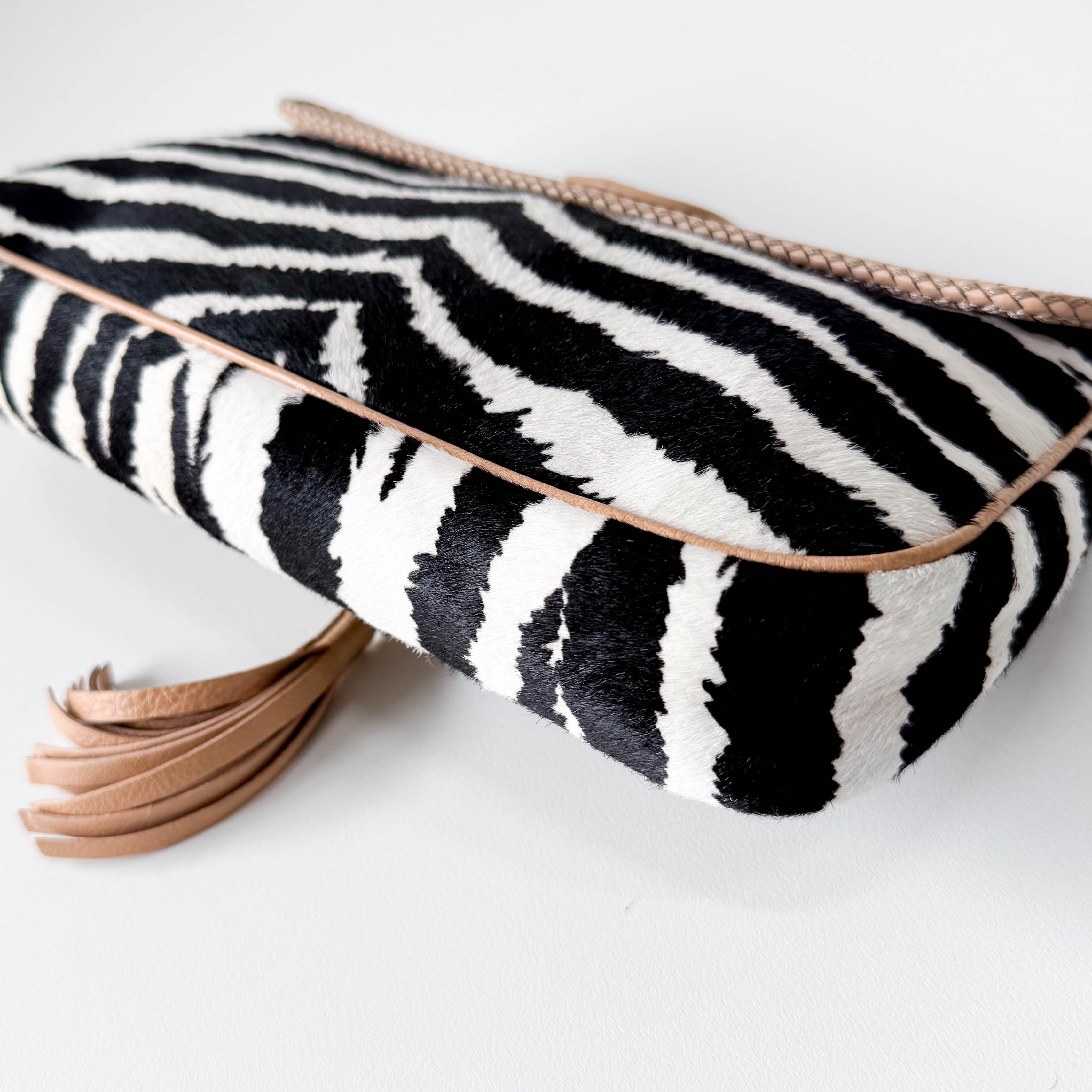 Marrakech Zebra Print Pony Hair with Caramel Leather Flap and Tassels Gold Chain Shoulder Bag