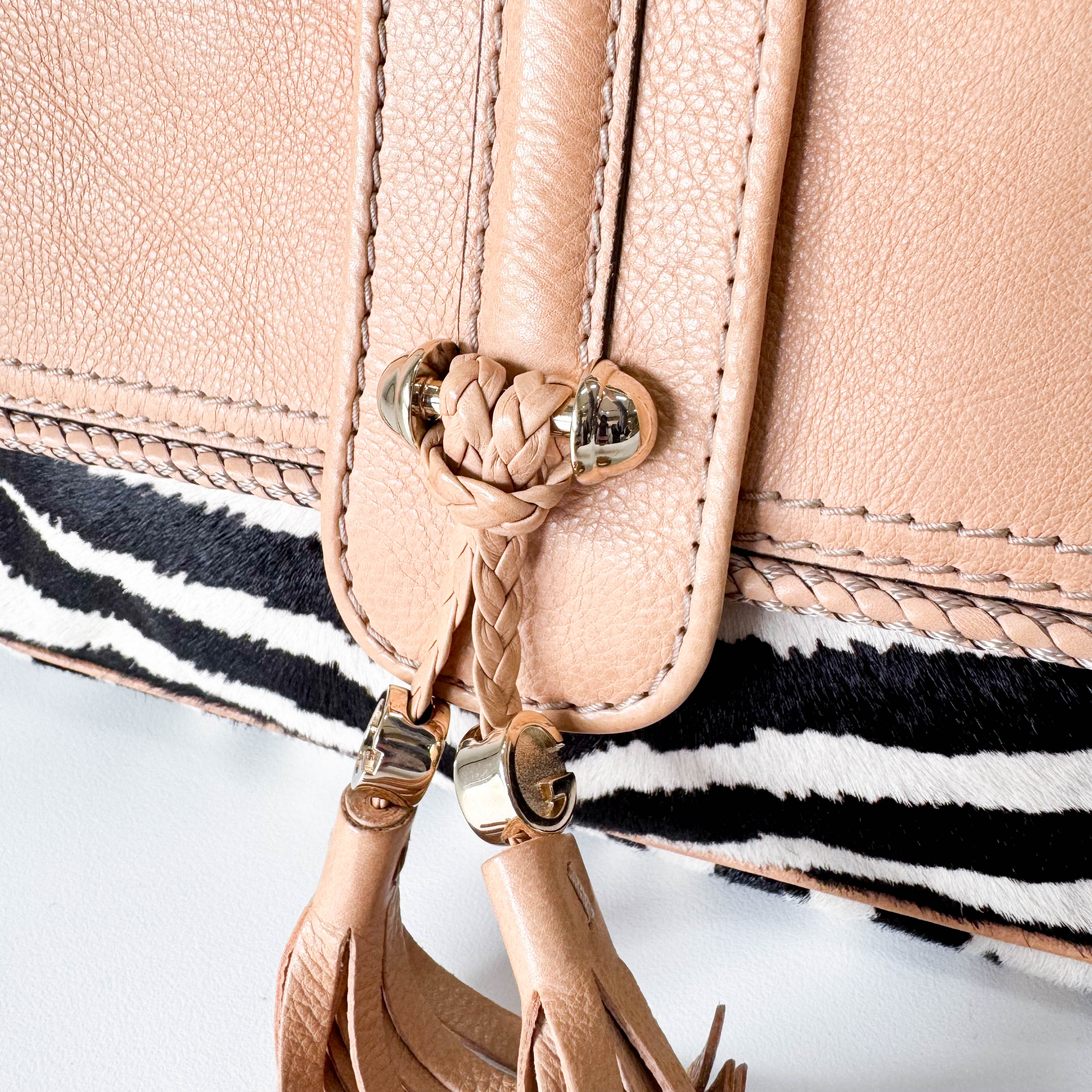 Marrakech Zebra Print Pony Hair with Caramel Leather Flap and Tassels Gold Chain Shoulder Bag