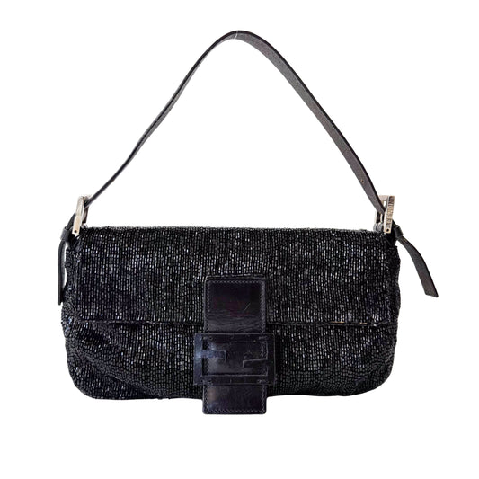 Baguette Black Beaded Shoulder Bag