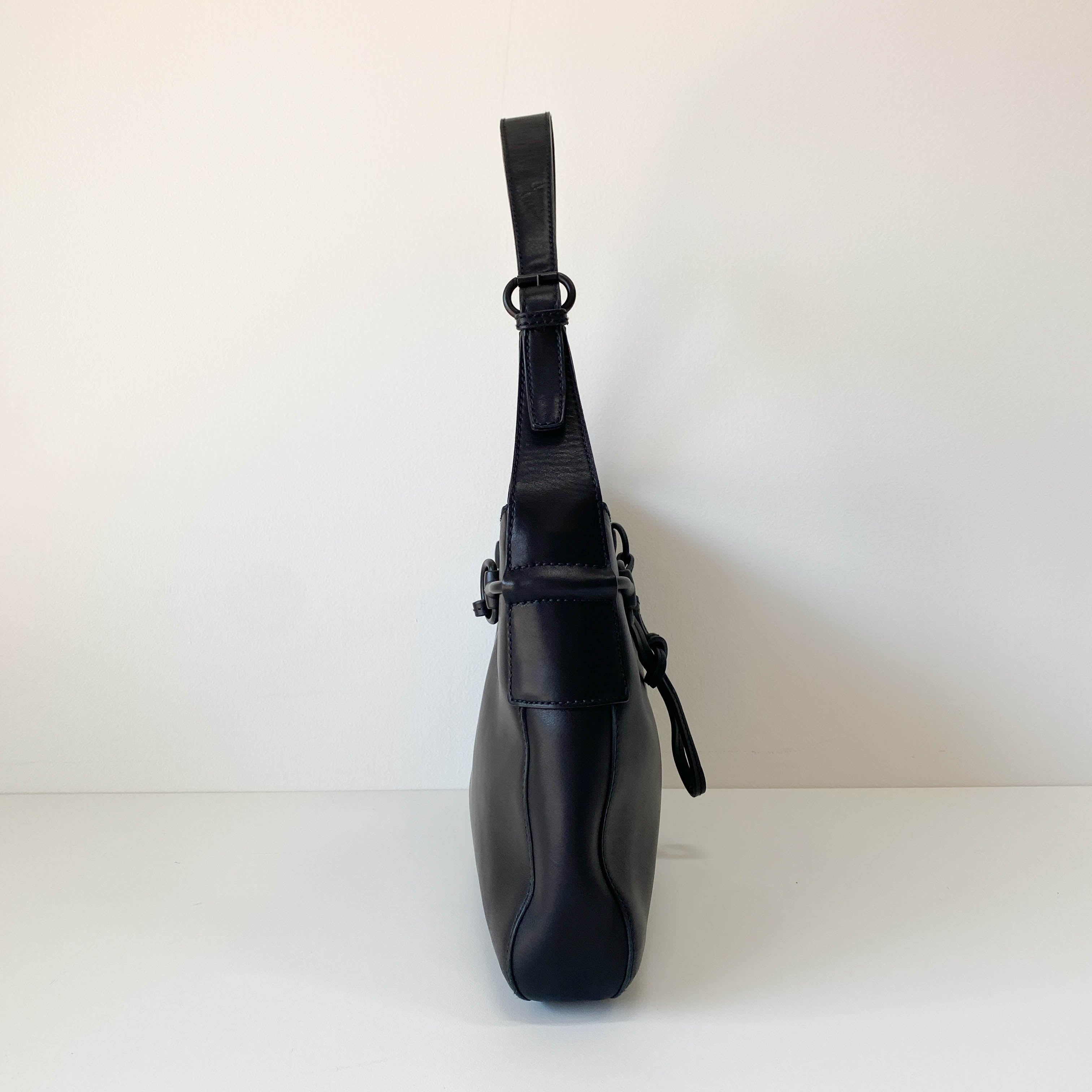 Horsebit Black Leather Shoulder Bag