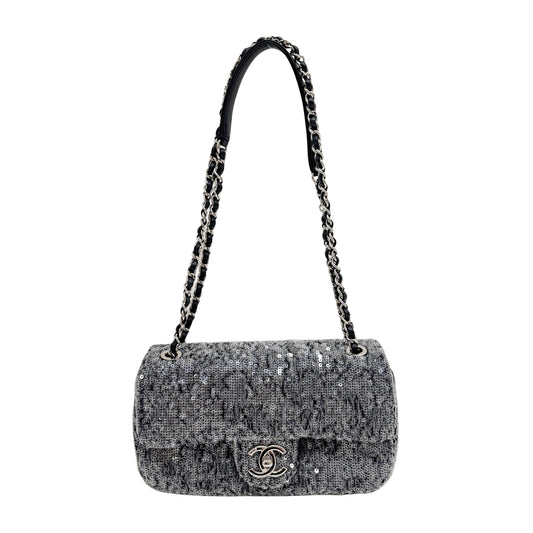 Classic Flap Waterfall Black Sequin Shoulder Bag