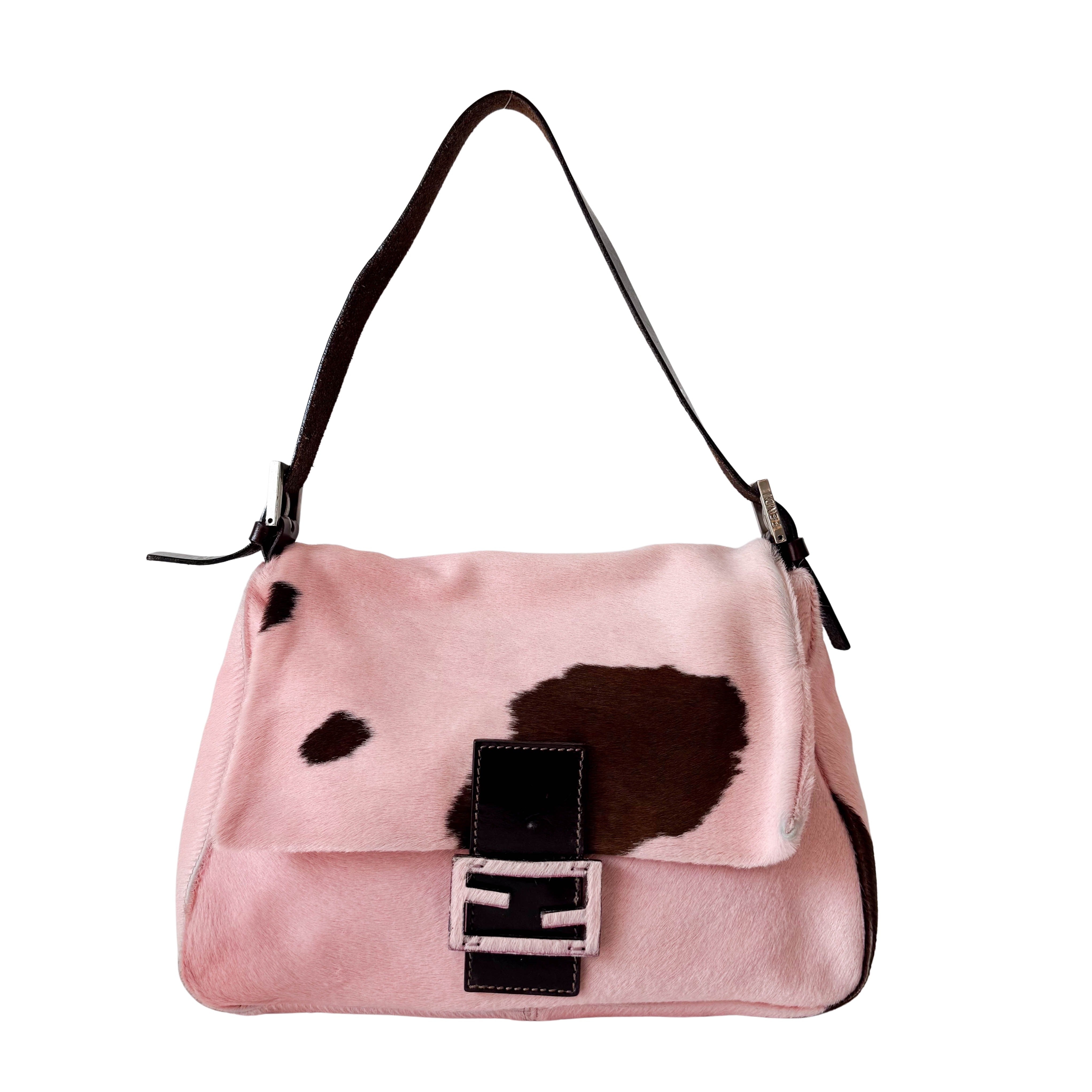 Mamma Baguette Pink Cow Print Pony Hair Shoulder Bag