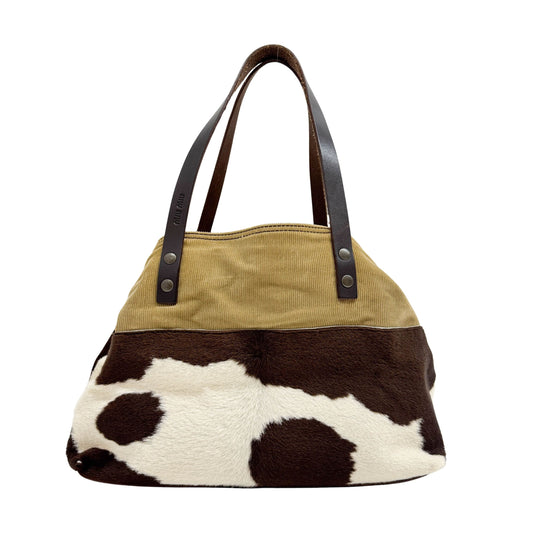 Brown Cow Print Pony Hair & Khaki Corduroy Shoulder Bag