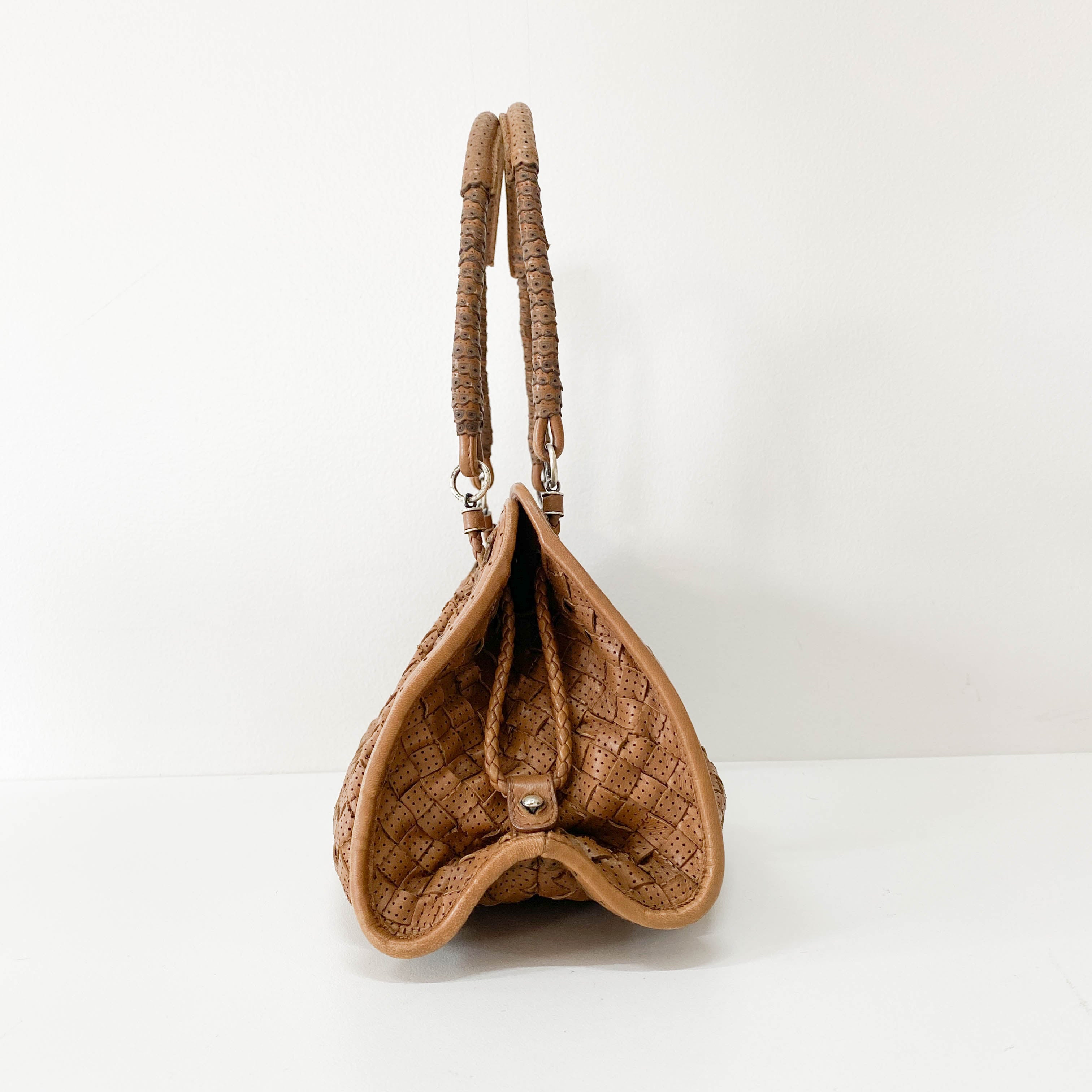 Intrecciato Small Brown Pierced Leather Shoulder Bag
