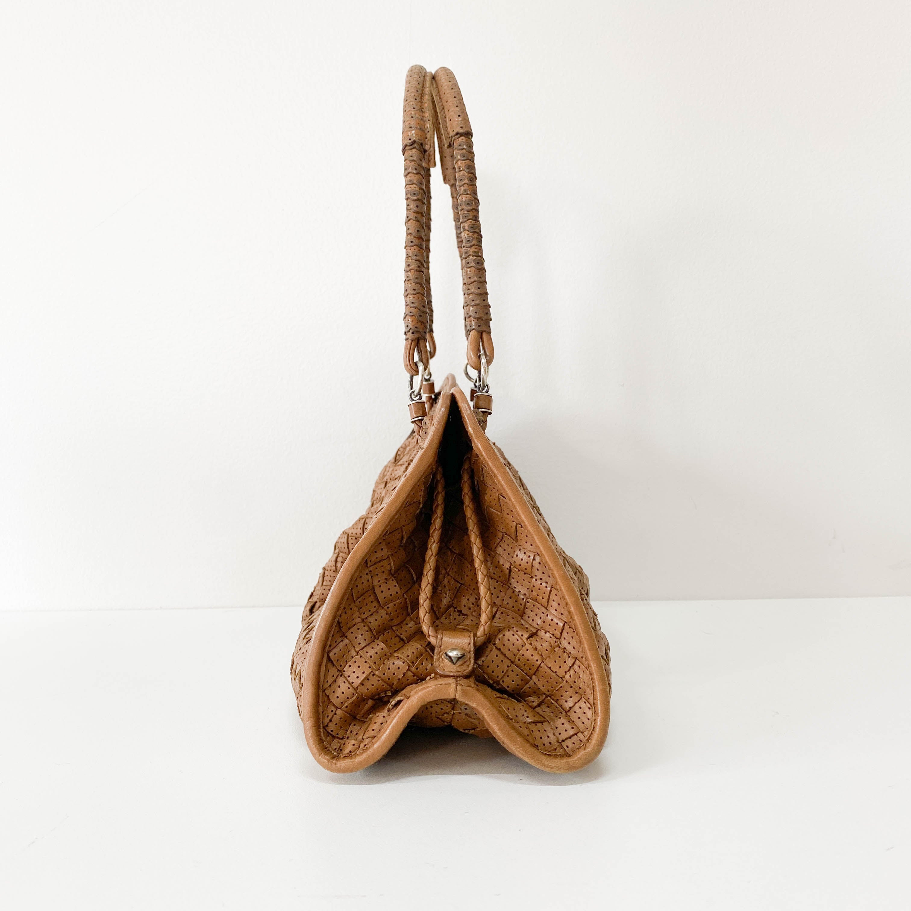 Intrecciato Small Brown Pierced Leather Shoulder Bag