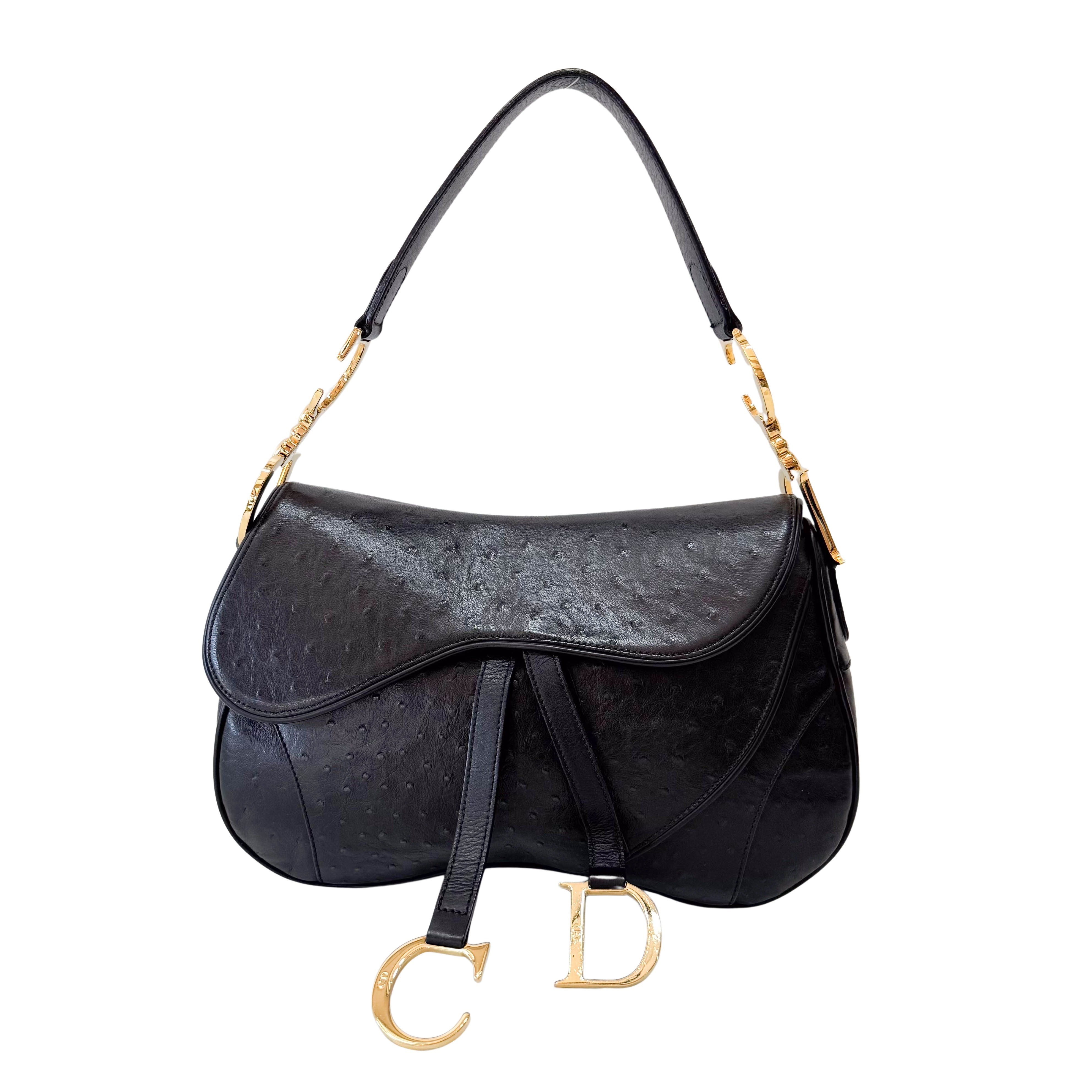 Double Saddle Ostrich Black Leather Shoulder Bag
