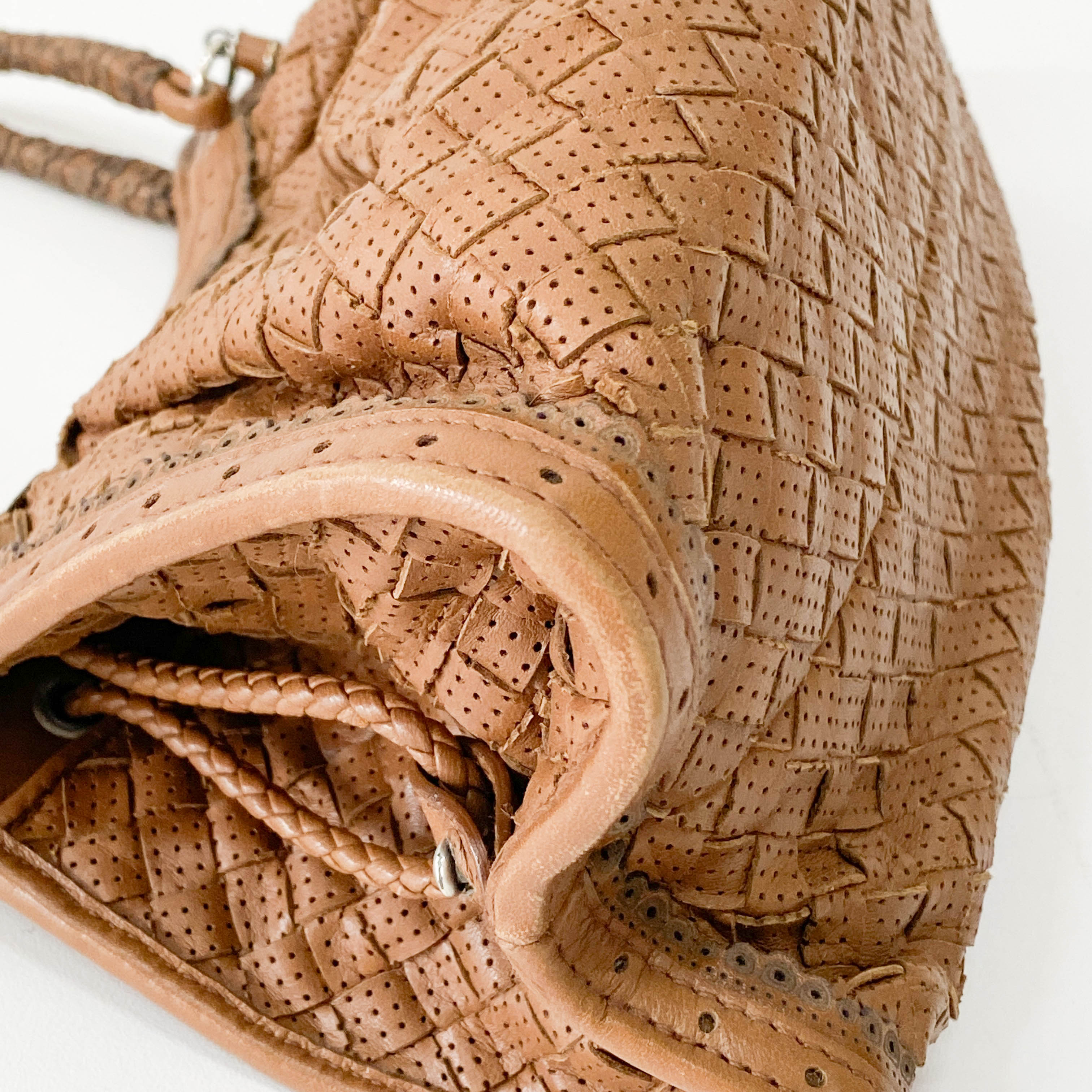 Intrecciato Small Brown Pierced Leather Shoulder Bag