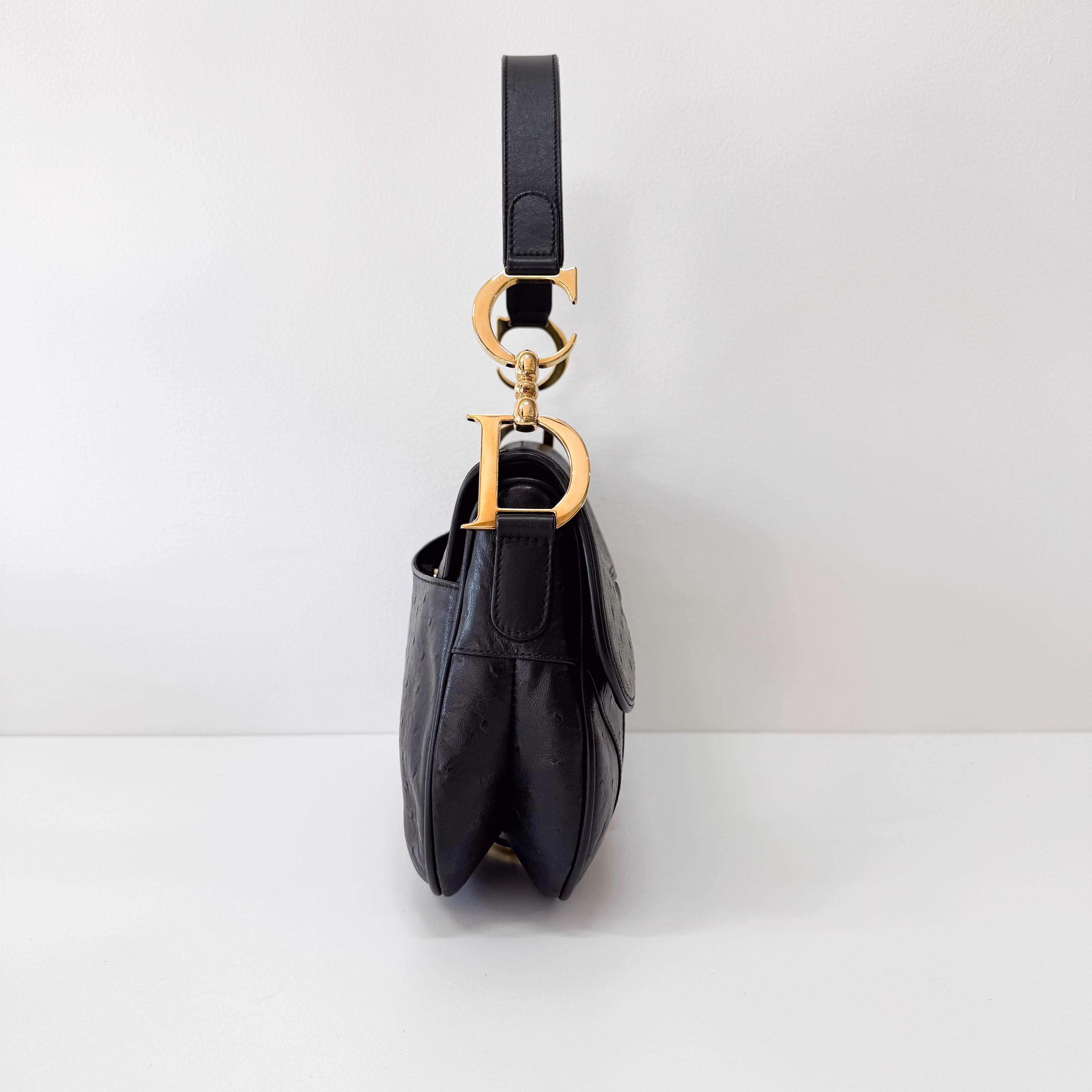 Double Saddle Ostrich Black Leather Shoulder Bag