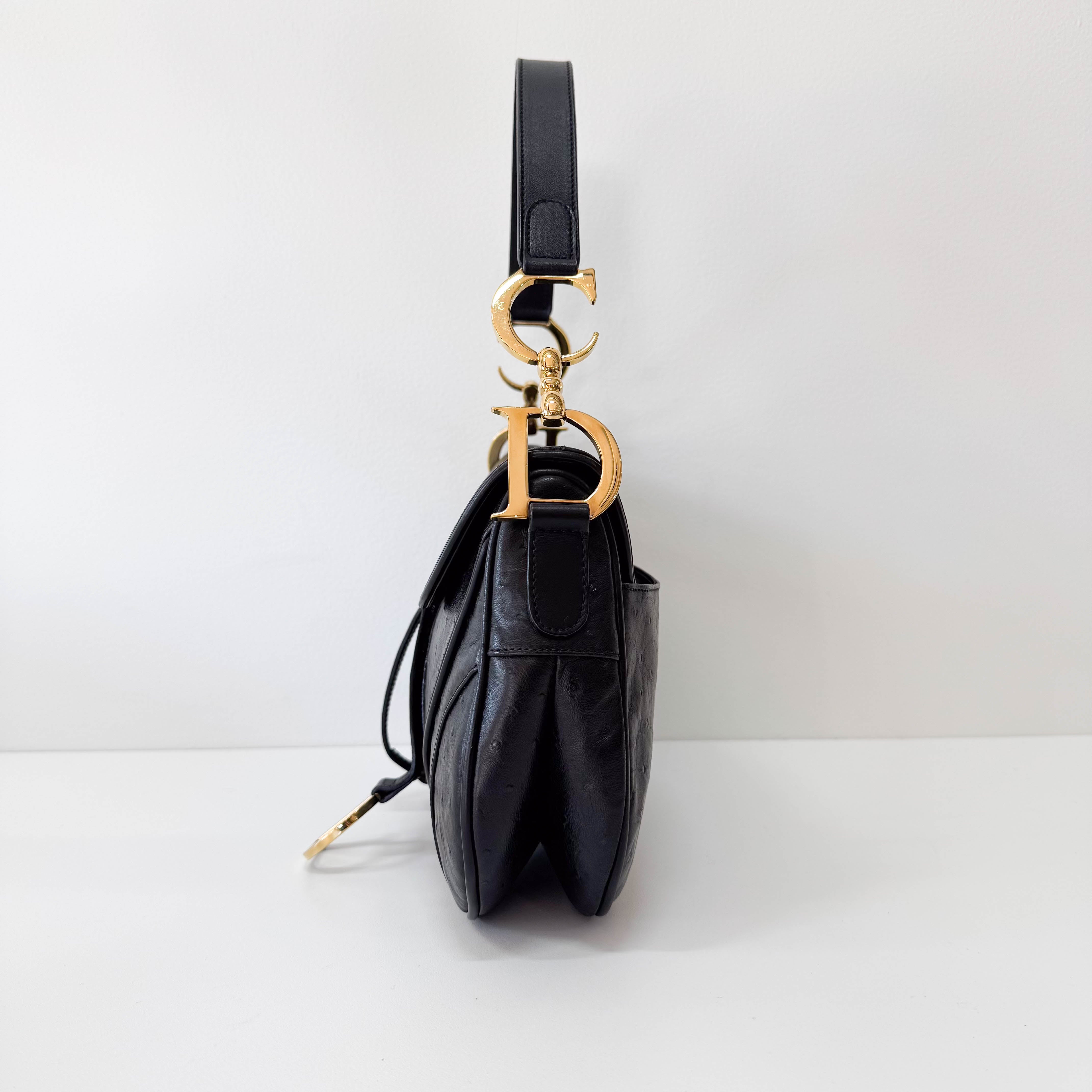 Double Saddle Ostrich Black Leather Shoulder Bag