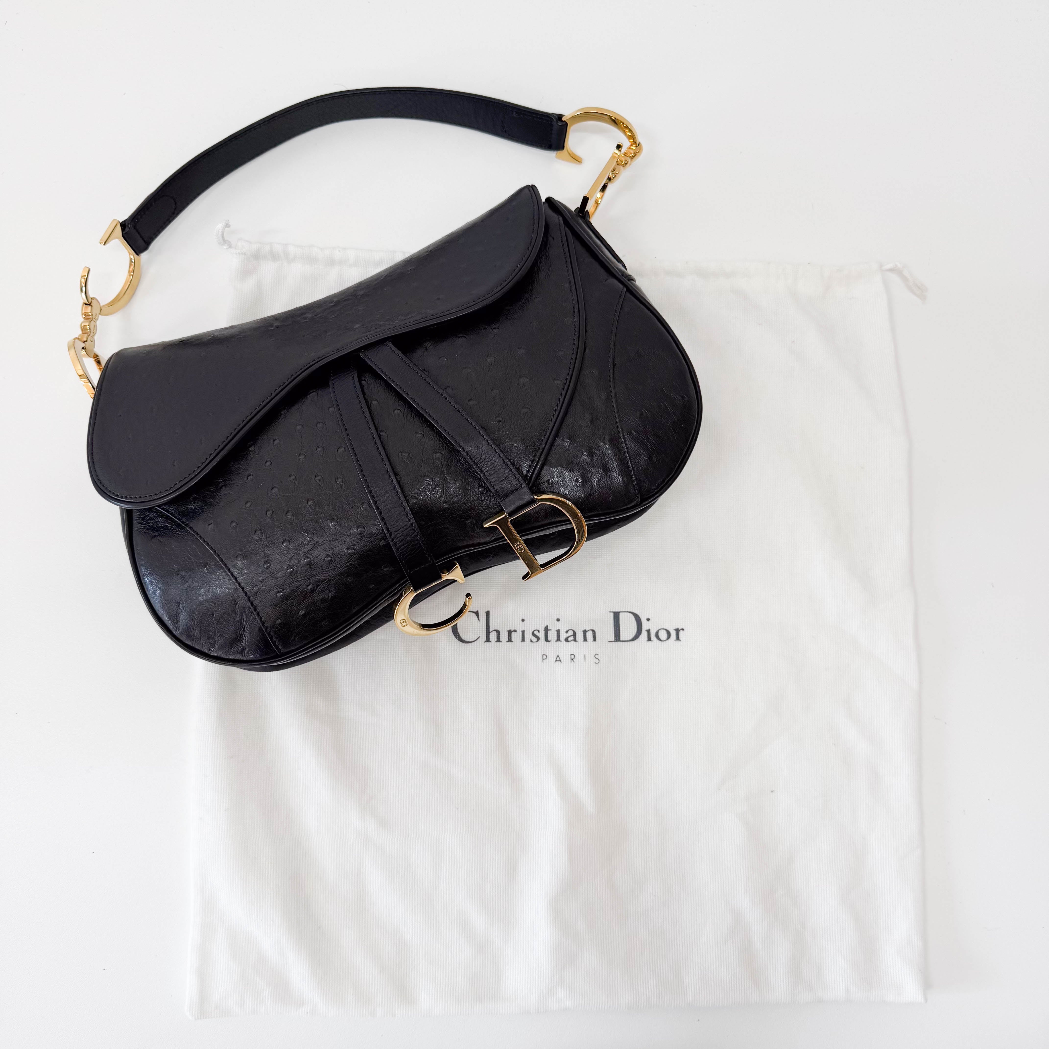 Double Saddle Ostrich Black Leather Shoulder Bag