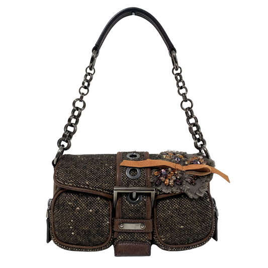 Vintage Brown Wool Crystal Shoulder Bag