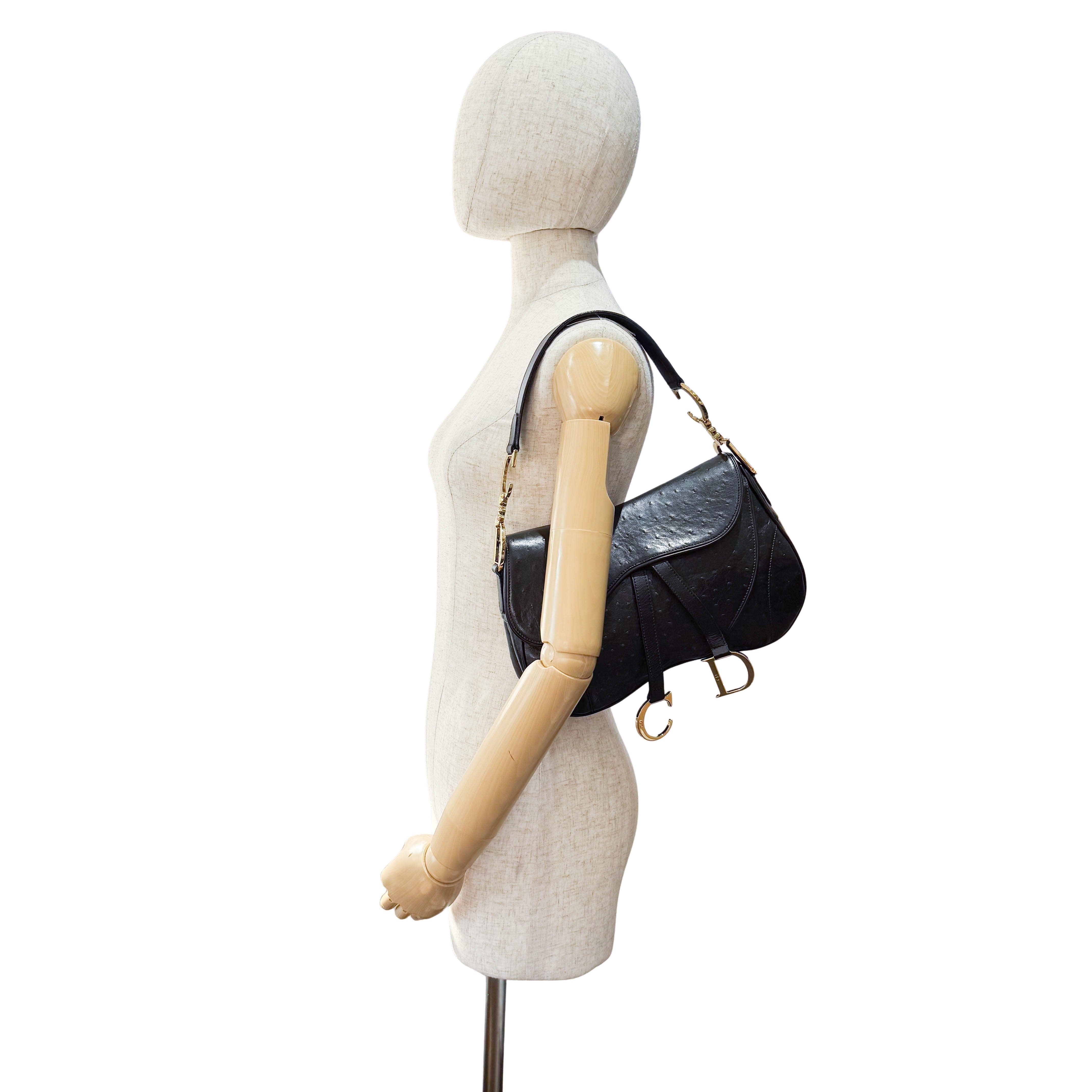 Double Saddle Ostrich Black Leather Shoulder Bag
