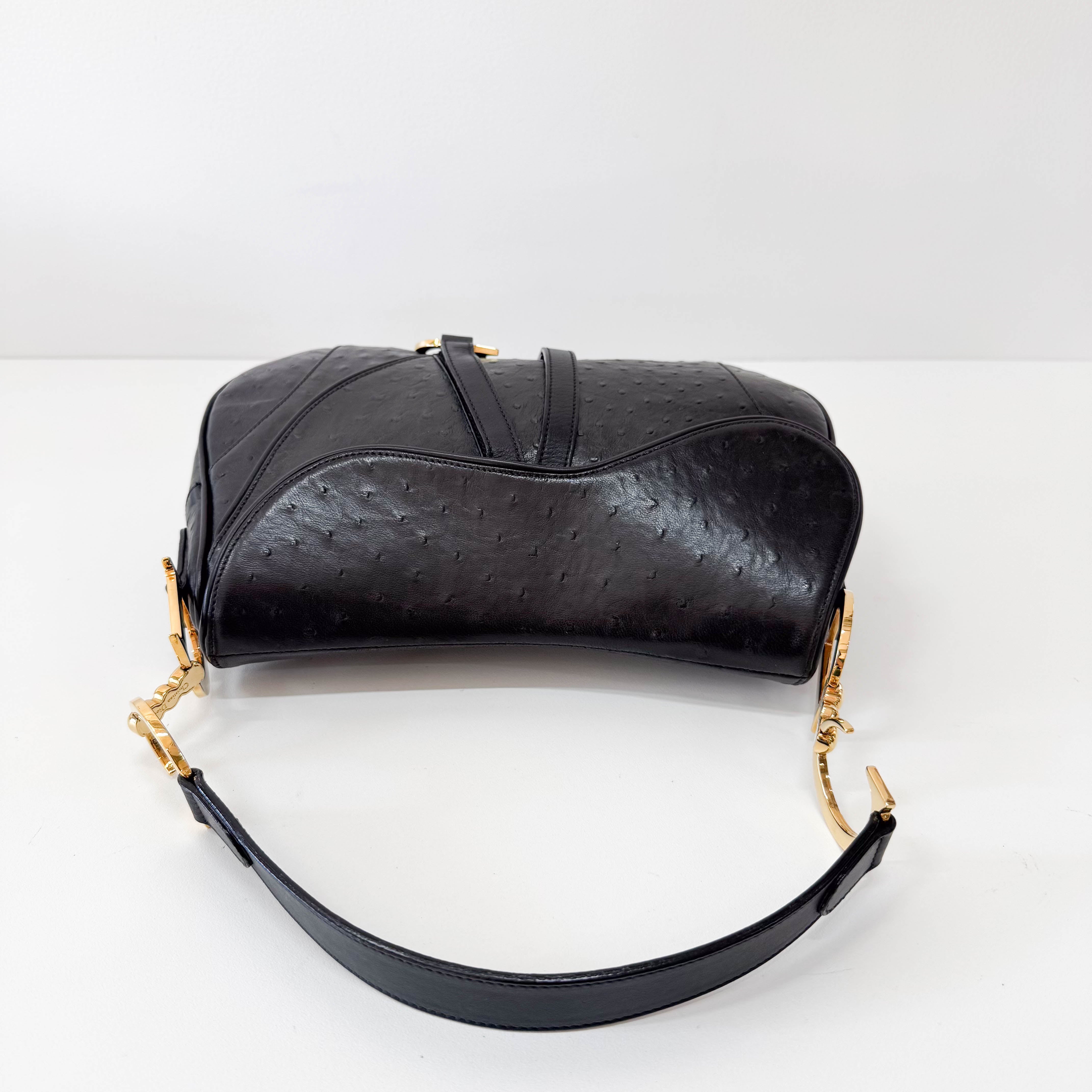Double Saddle Ostrich Black Leather Shoulder Bag