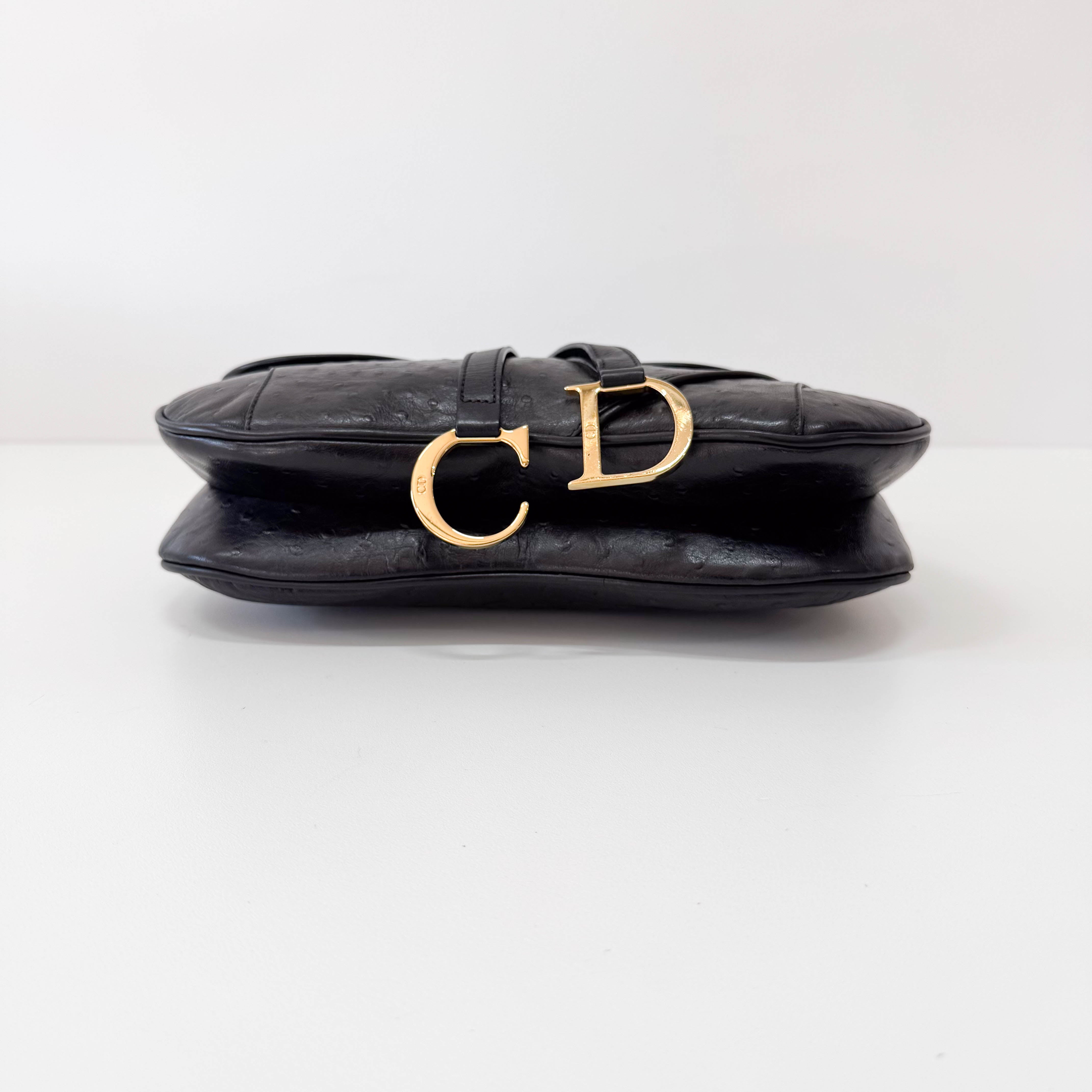 Double Saddle Ostrich Black Leather Shoulder Bag