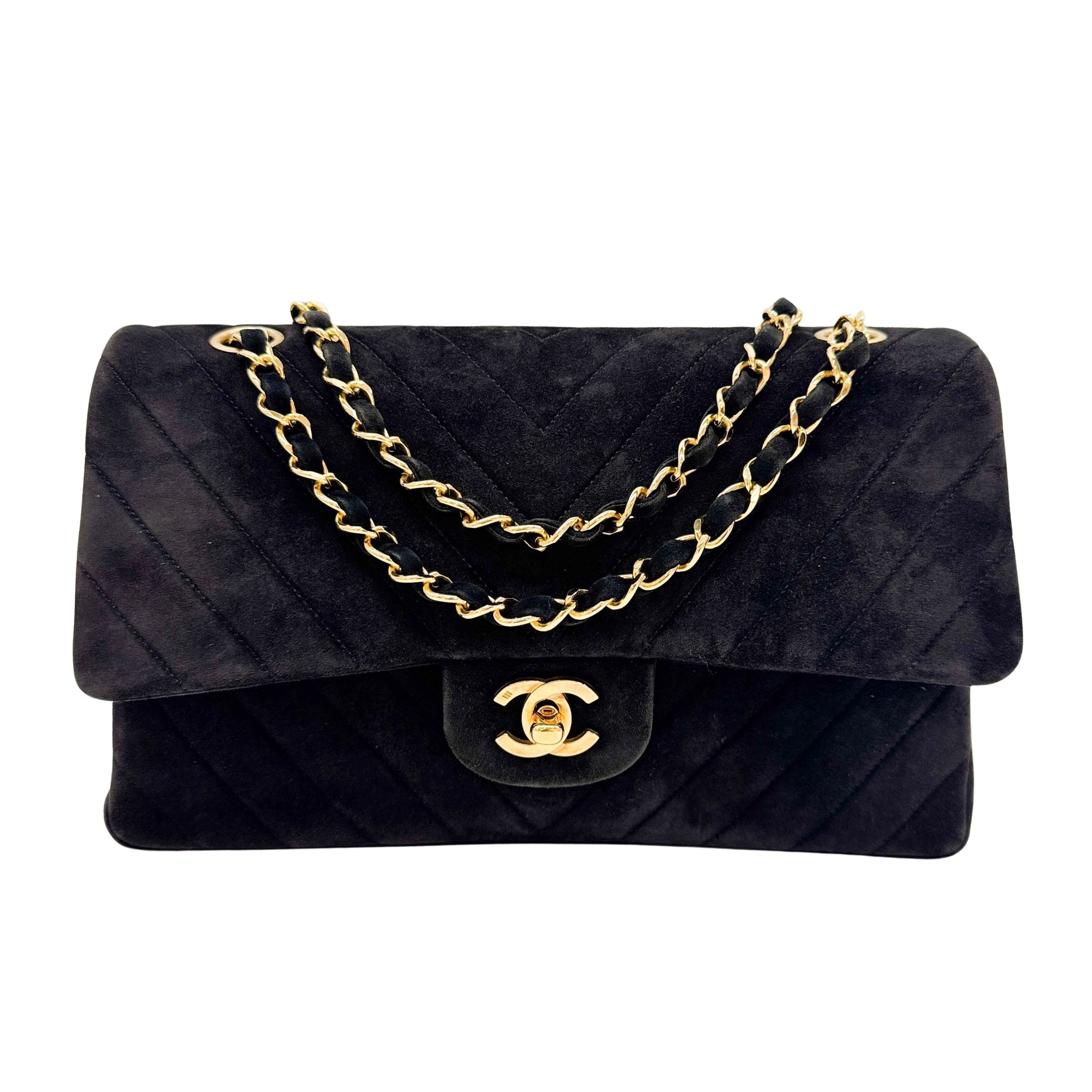 Classic Double Flap Chevron Black Suede Shoulder Bag