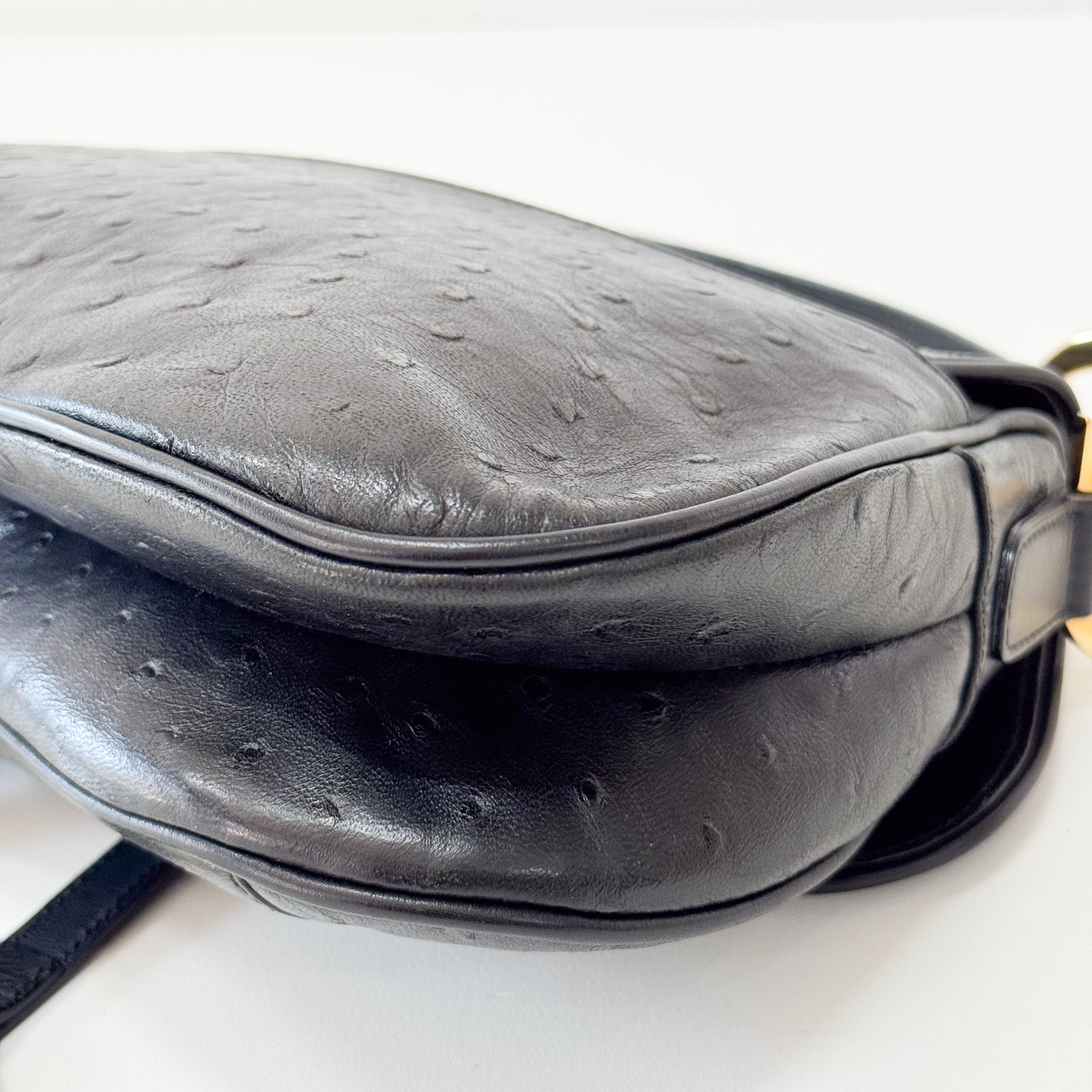 Double Saddle Ostrich Black Leather Shoulder Bag