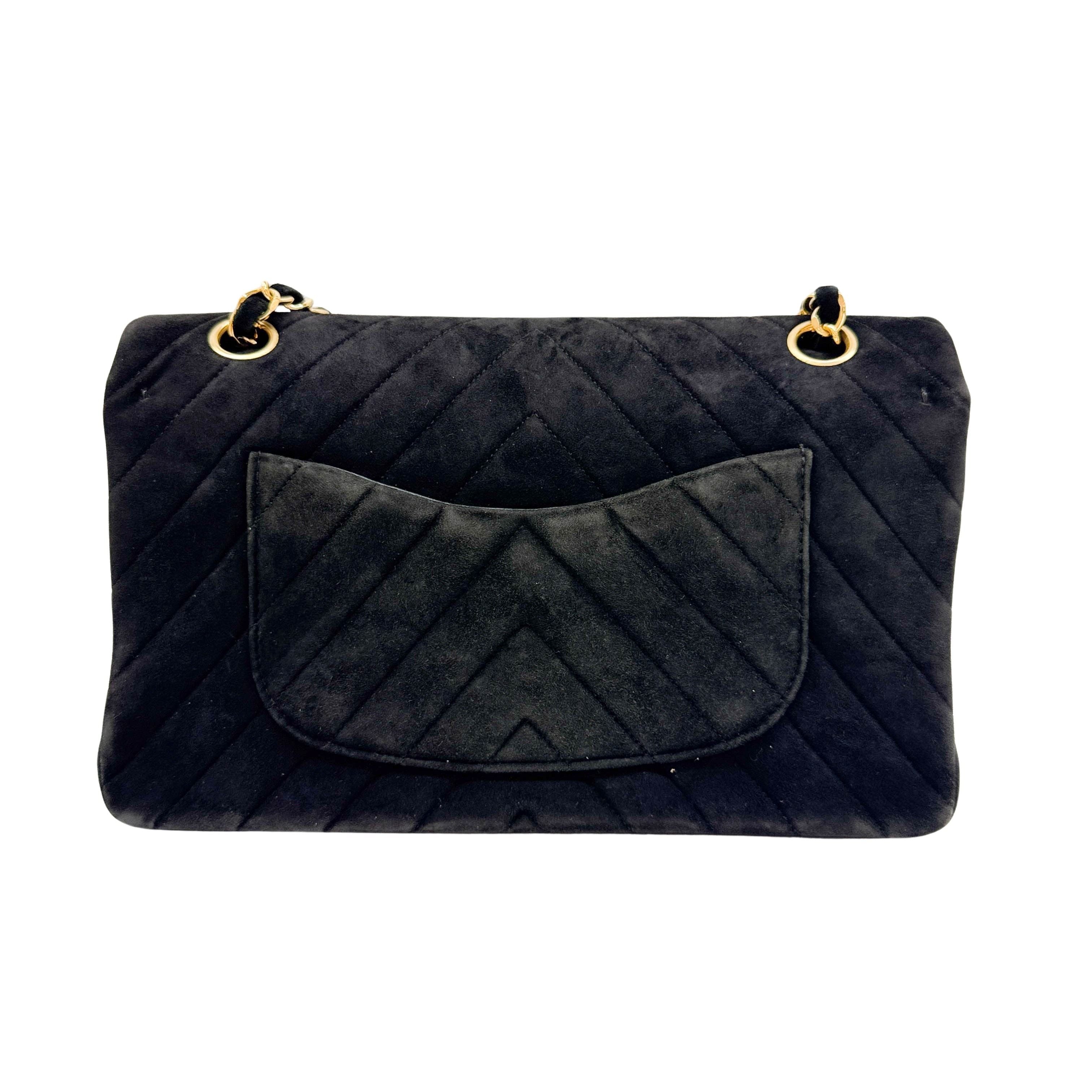Classic Double Flap Chevron Black Suede Shoulder Bag